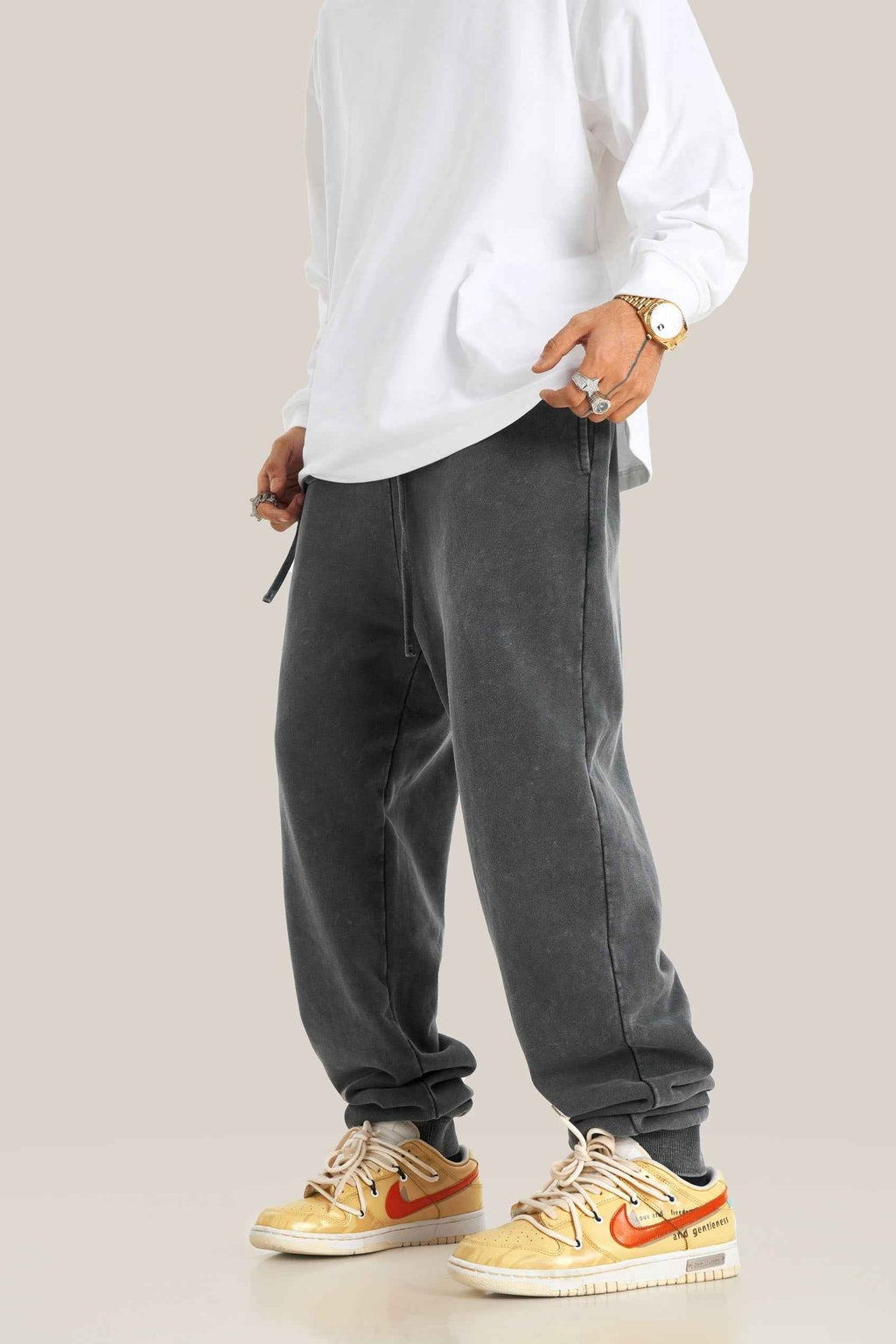 400GSM Men's Heavyweight Snow-Washed Ribbed-Cuff Jogger Pants