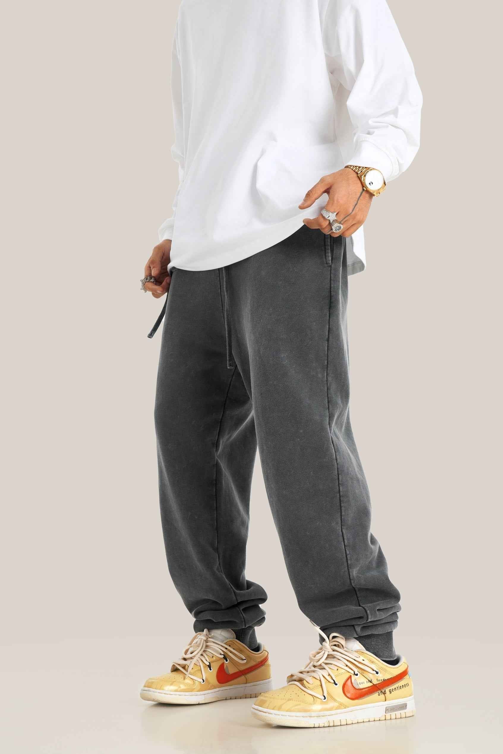 400GSM Men's Heavyweight Snow-Washed Ribbed-Cuff Jogger Pants