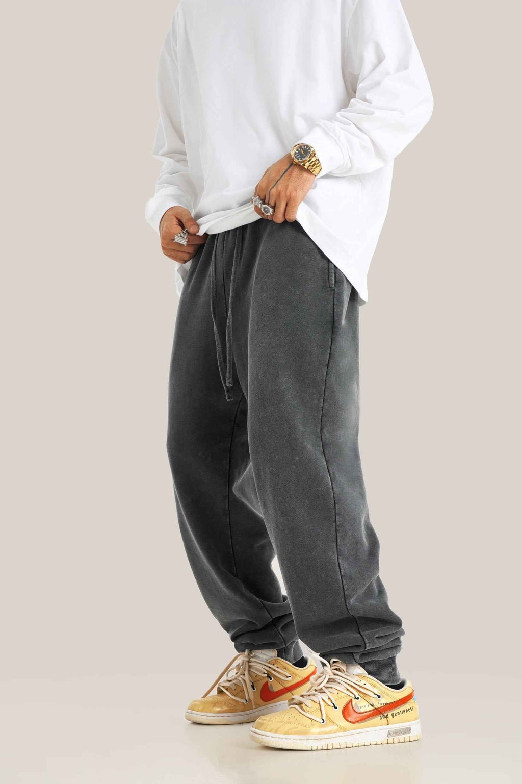 400GSM Men's Heavyweight Snow-Washed Ribbed-Cuff Jogger Pants