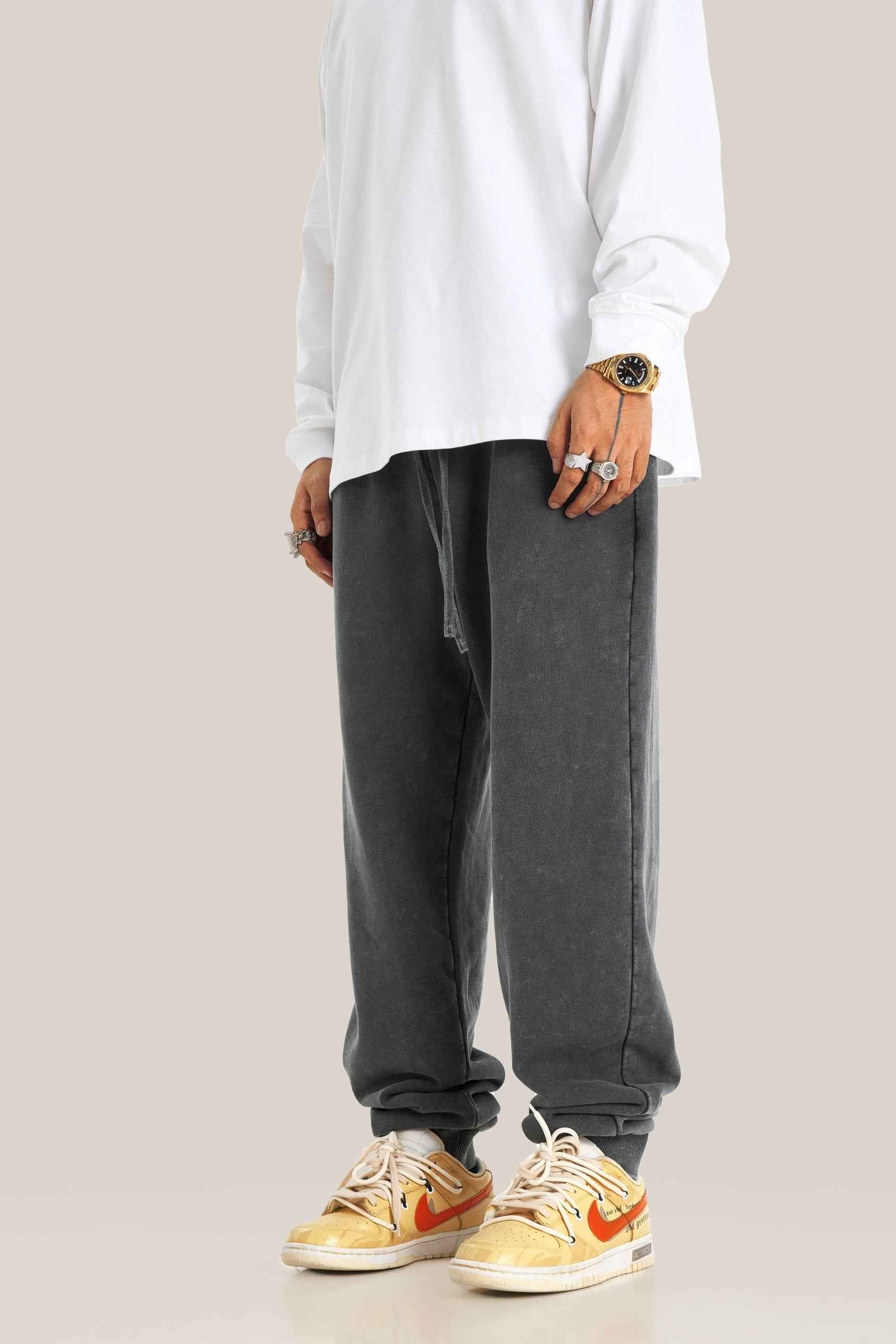 400GSM Men's Heavyweight Snow-Washed Ribbed-Cuff Jogger Pants