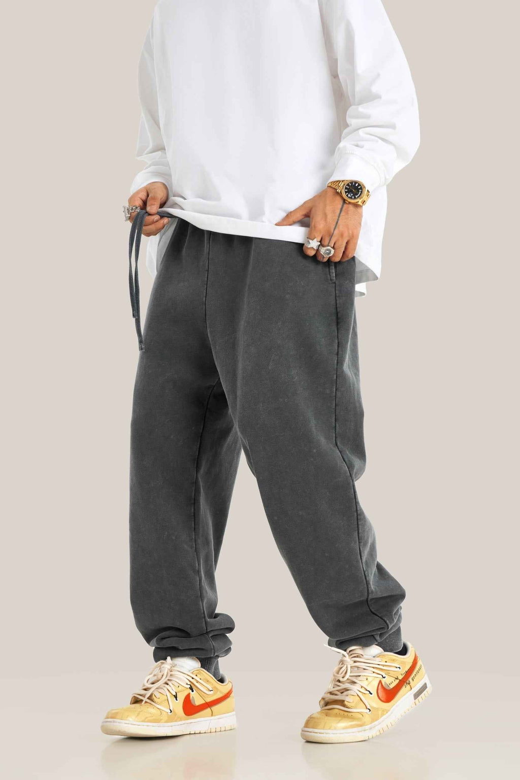 400GSM Men's Heavyweight Snow-Washed Ribbed-Cuff Jogger Pants