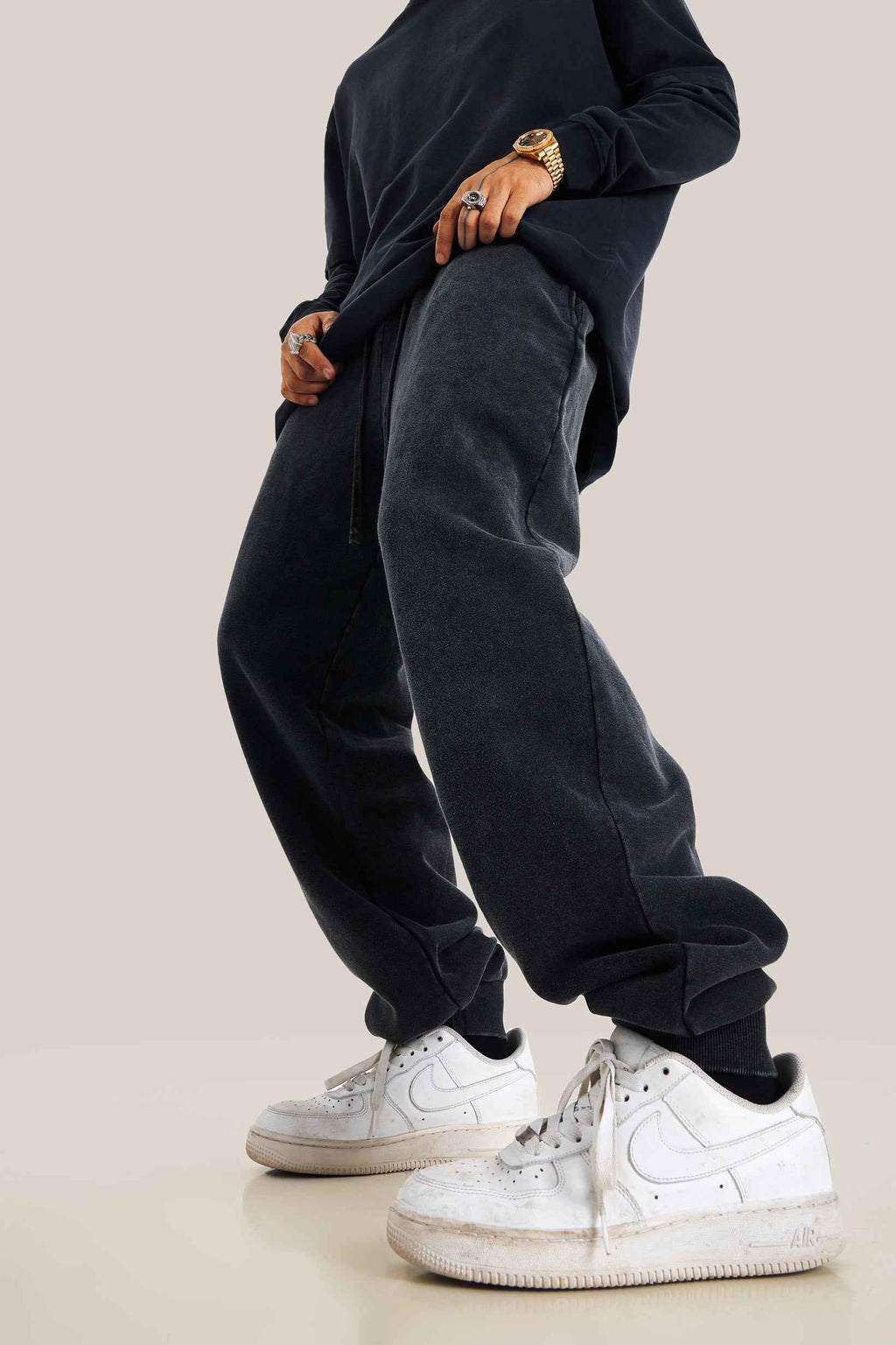 400GSM Men's Heavyweight Snow-Washed Ribbed-Cuff Jogger Pants