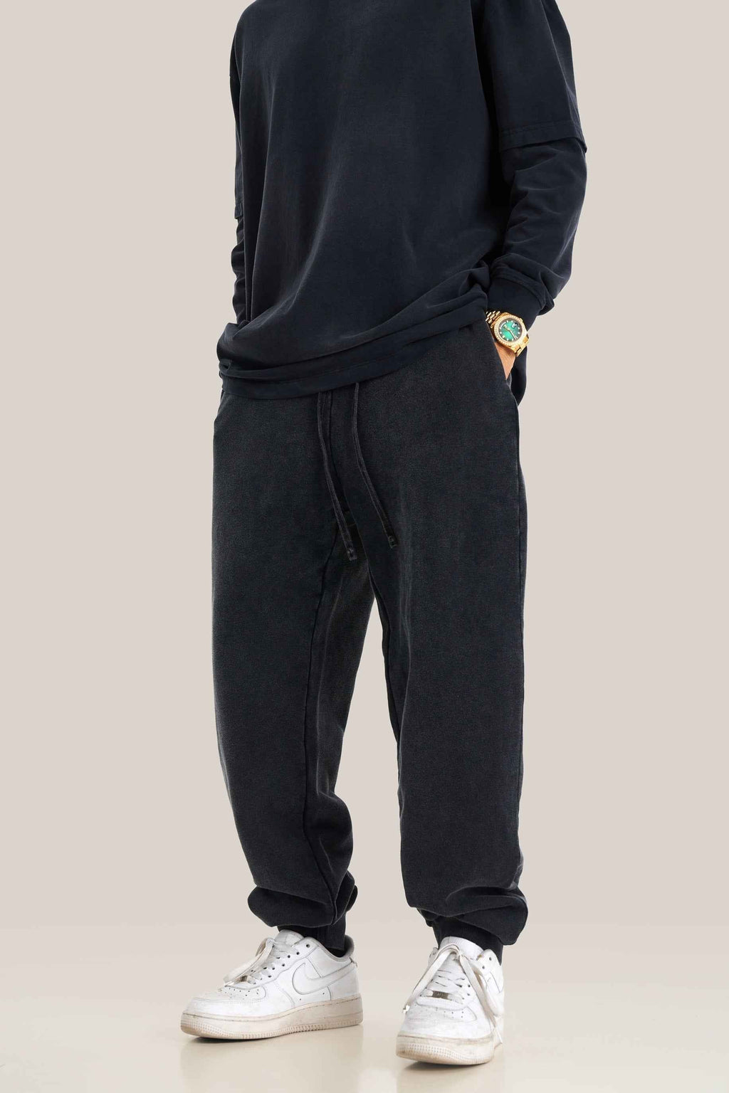 400GSM Men's Heavyweight Snow-Washed Ribbed-Cuff Jogger Pants