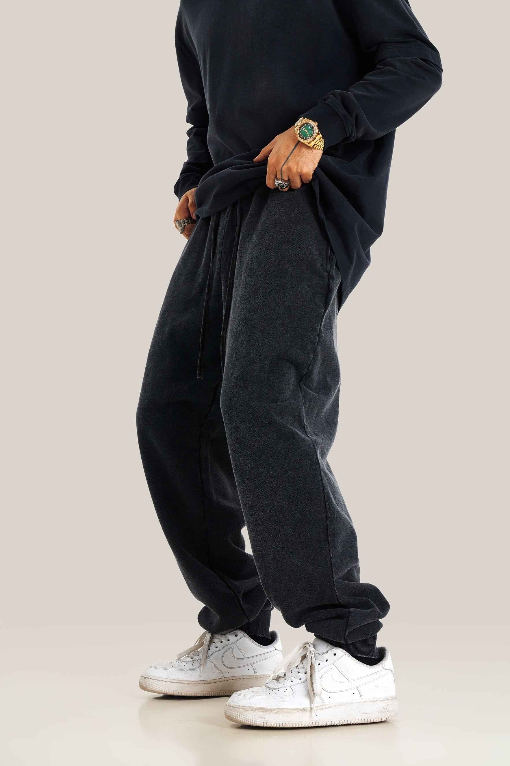 400GSM Men's Heavyweight Snow-Washed Ribbed-Cuff Jogger Pants