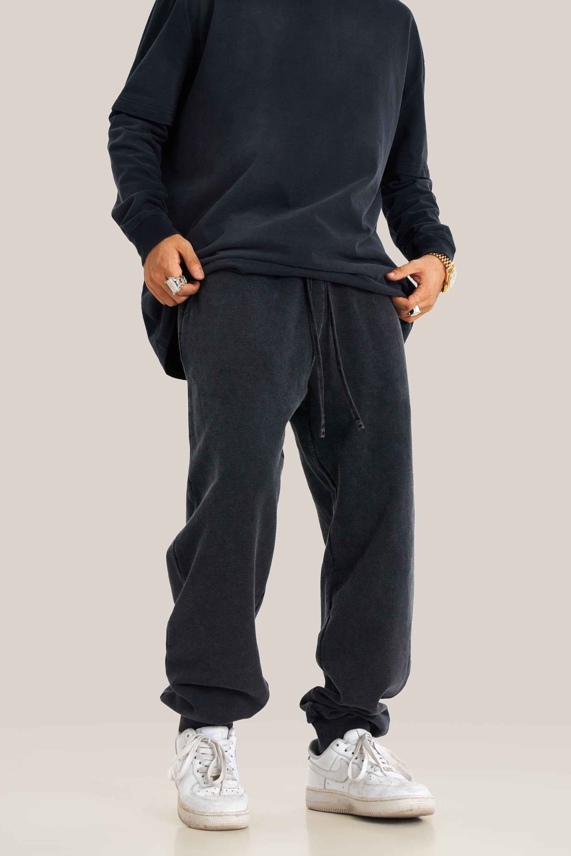400GSM Men's Heavyweight Snow-Washed Ribbed-Cuff Jogger Pants