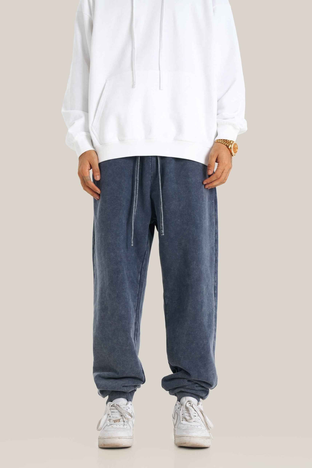 400GSM Men's Heavyweight Snow-Washed Ribbed-Cuff Jogger Pants