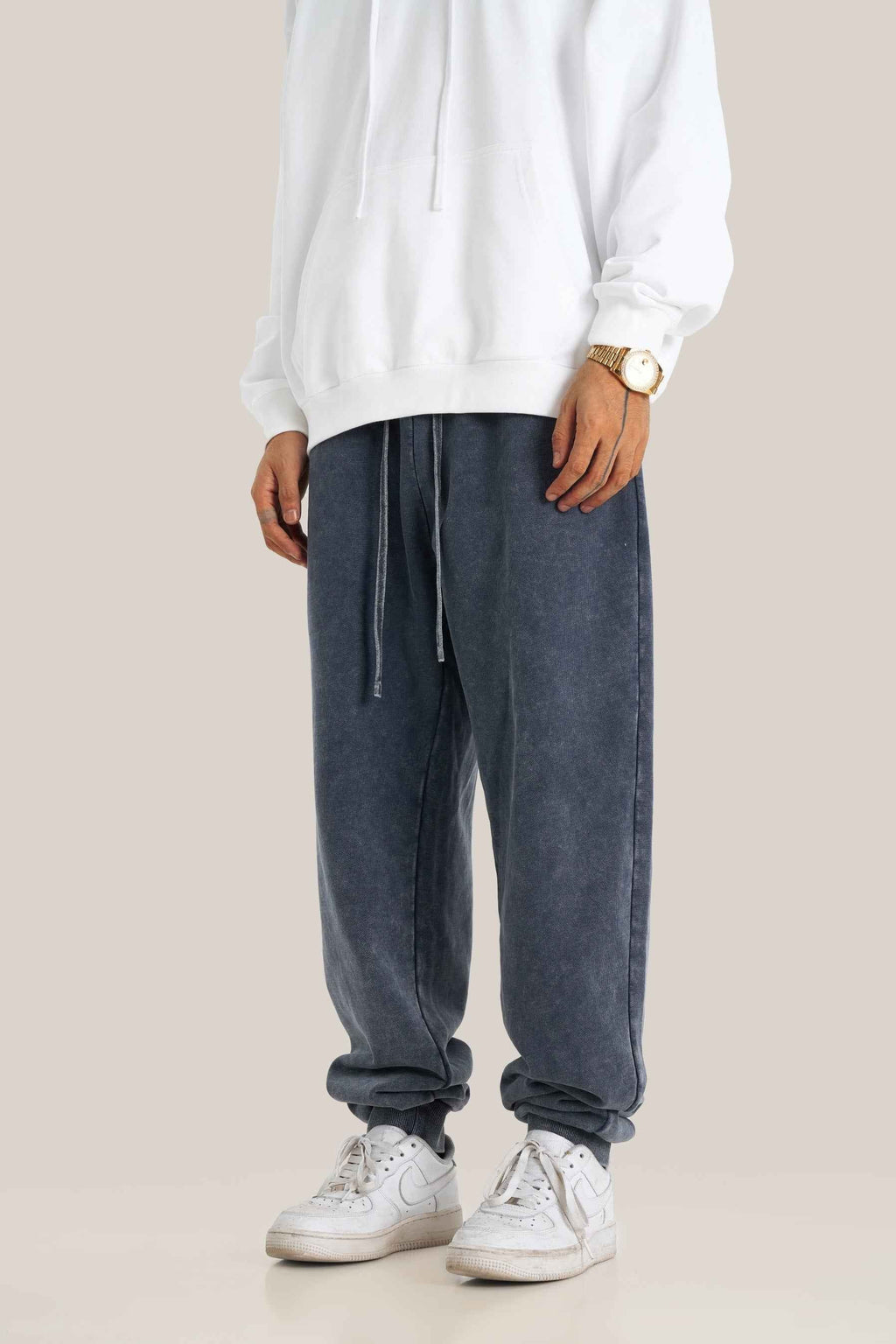 400GSM Men's Heavyweight Snow-Washed Ribbed-Cuff Jogger Pants