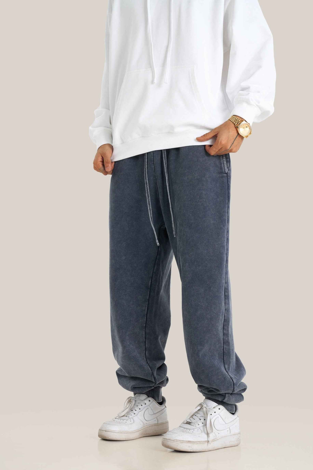 400GSM Men's Heavyweight Snow-Washed Ribbed-Cuff Jogger Pants
