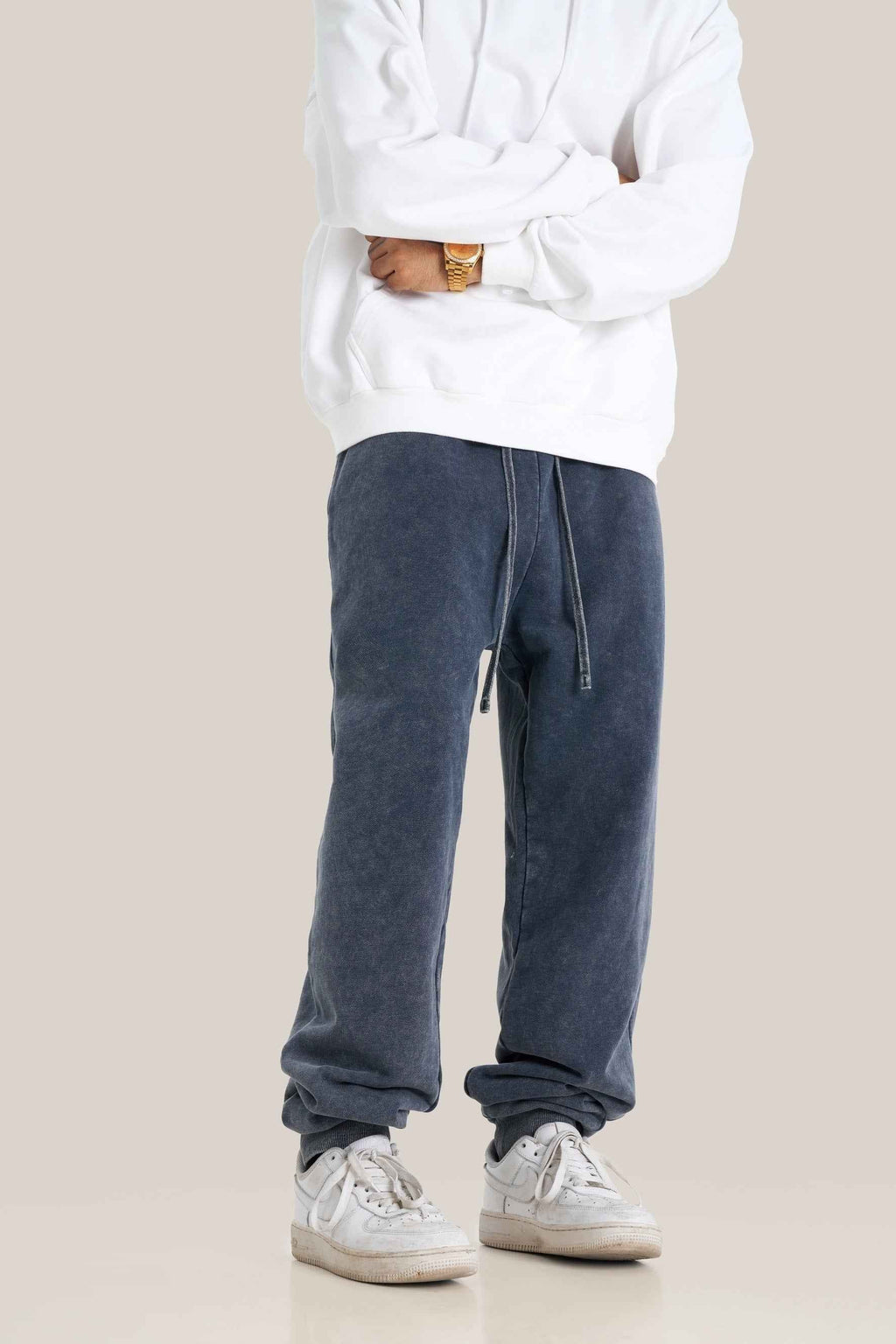 400GSM Men's Heavyweight Snow-Washed Ribbed-Cuff Jogger Pants