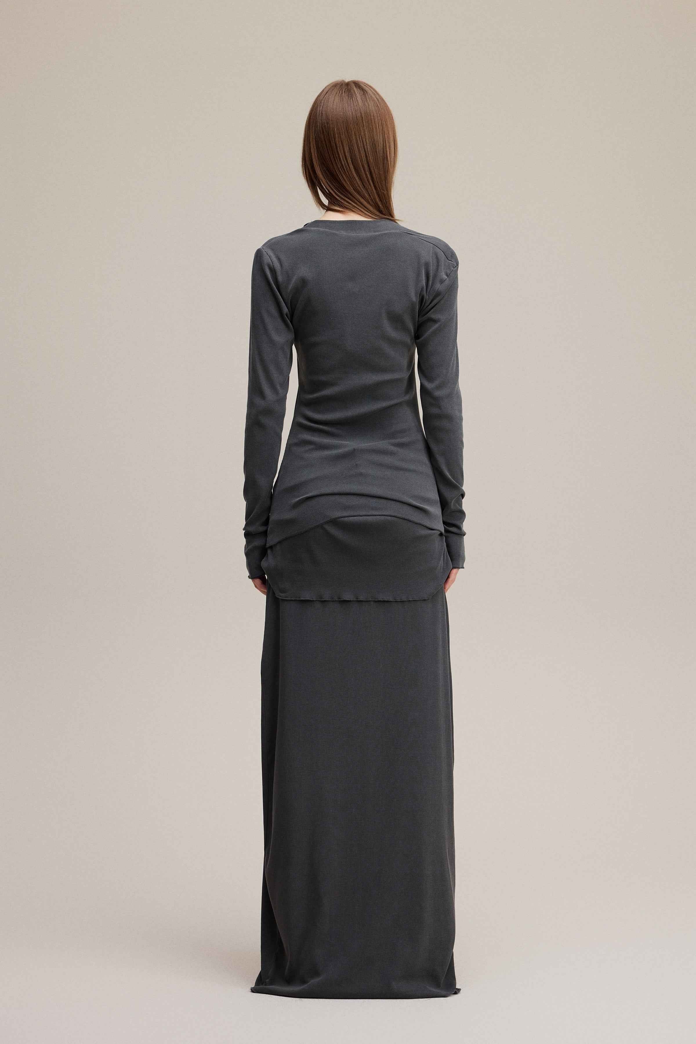 275GSM Women's Slim-Fit Asymmetrical Shoulder Pigment-Wash Long-Sleeve T-shirt