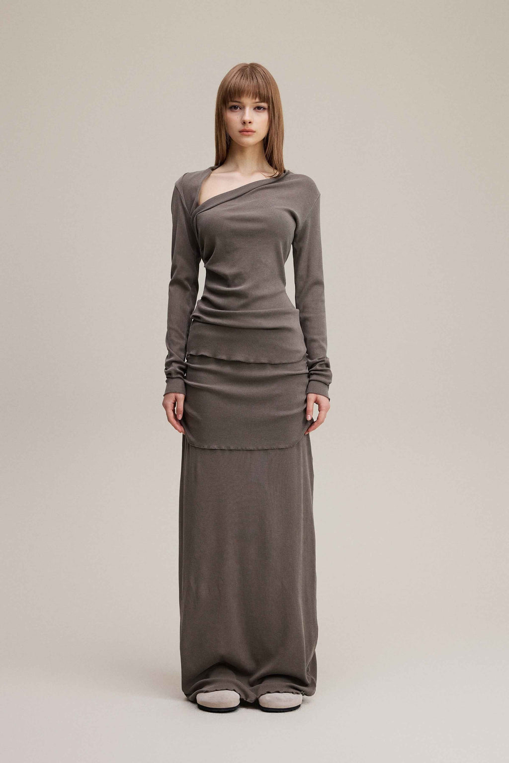 275GSM Women's Slim-Fit Asymmetrical Shoulder Pigment-Wash Long-Sleeve T-shirt