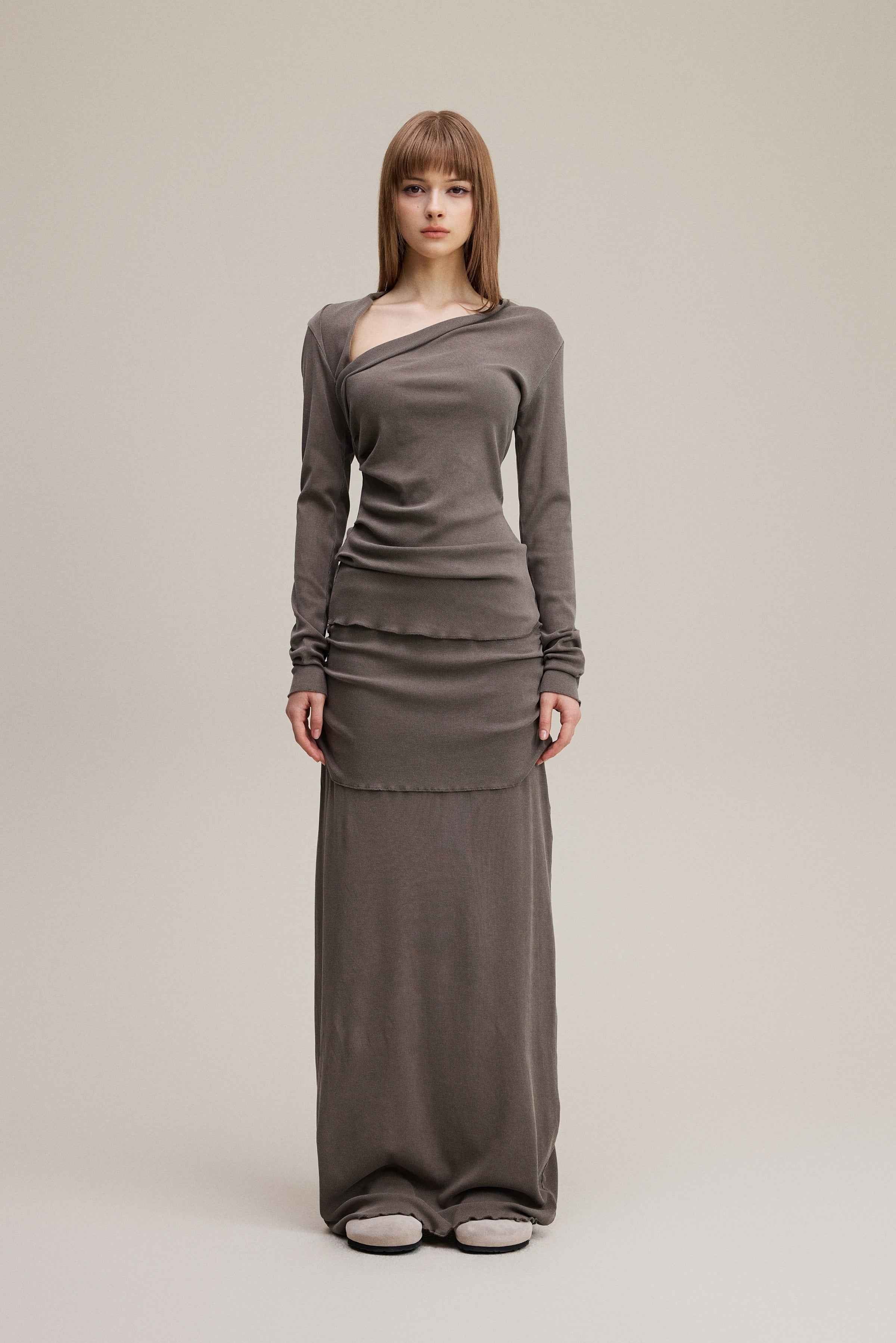 275GSM Women's Slim-Fit Asymmetrical Shoulder Pigment-Wash Long-Sleeve T-shirt