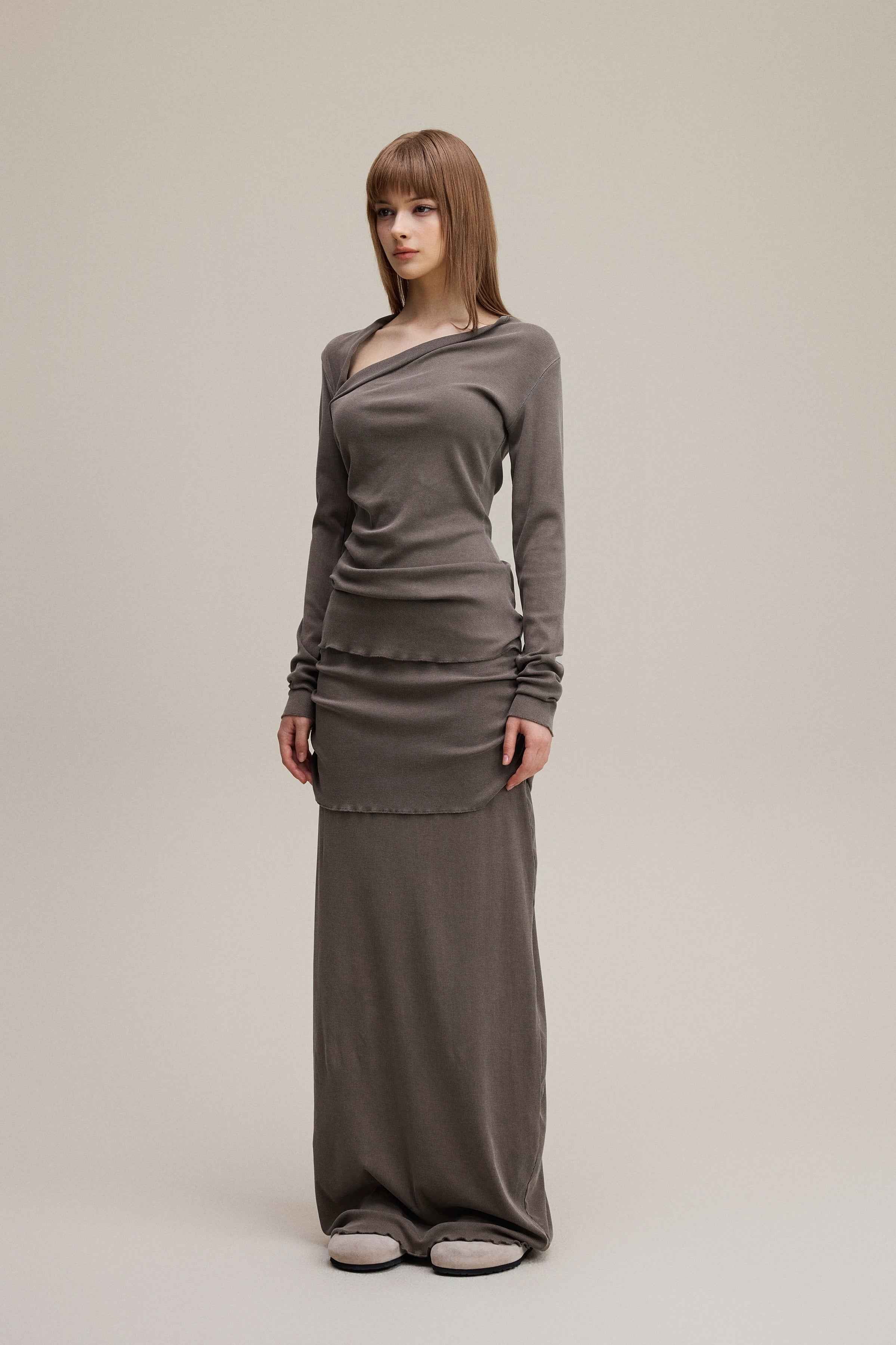 275GSM Women's Slim-Fit Asymmetrical Shoulder Pigment-Wash Long-Sleeve T-shirt