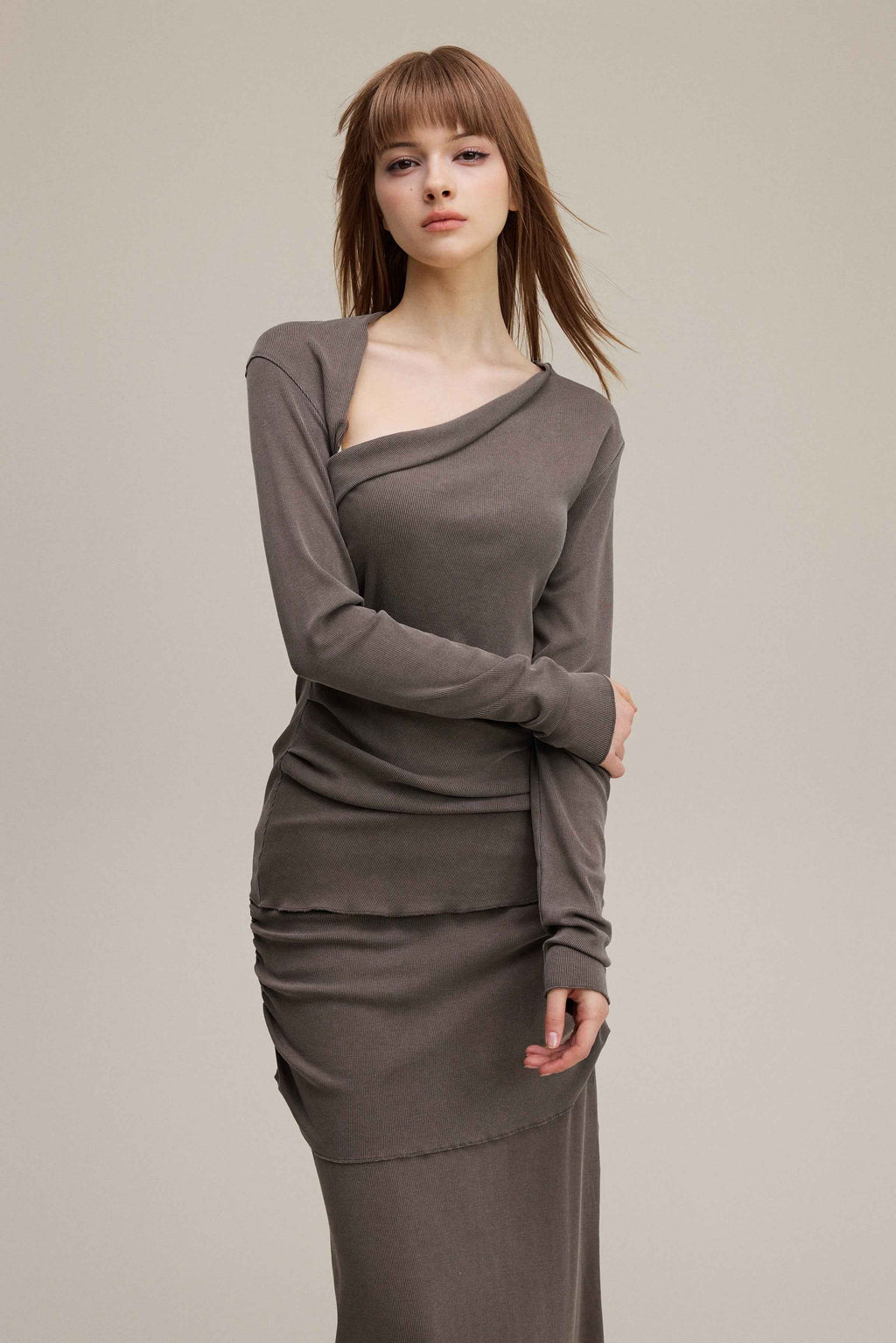275GSM Women's Slim-Fit Asymmetrical Shoulder Pigment-Wash Long-Sleeve T-shirt
