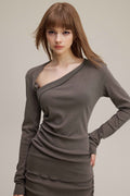 275GSM Women's Slim-Fit Asymmetrical Shoulder Pigment-Wash Long-Sleeve T-shirt