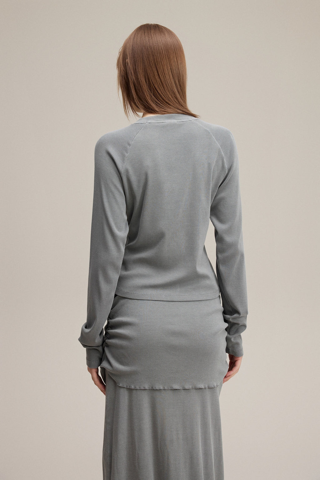 275GSM Women's Slim-Fit Asymmetrical Shoulder Pigment-Wash Long-Sleeve T-shirt