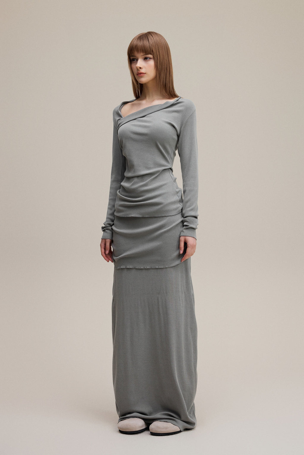 275GSM Women's Slim-Fit Asymmetrical Shoulder Pigment-Wash Long-Sleeve T-shirt