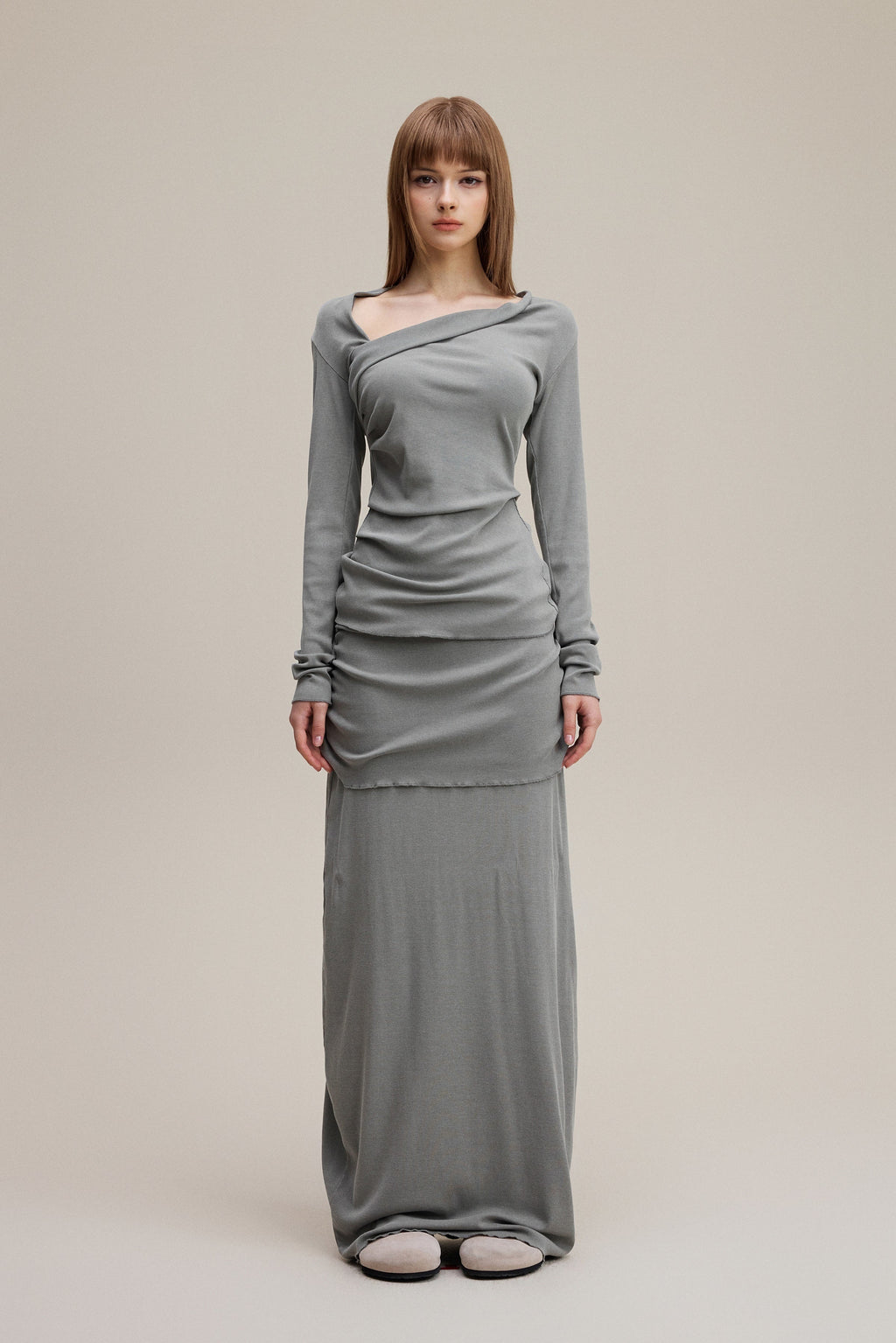275GSM Women's Slim-Fit Asymmetrical Shoulder Pigment-Wash Long-Sleeve T-shirt