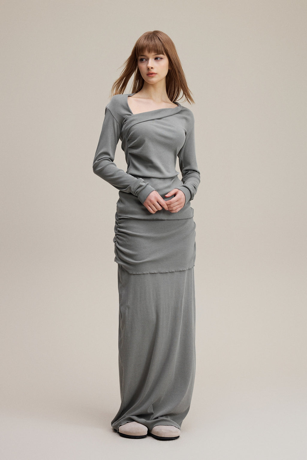 275GSM Women's Slim-Fit Asymmetrical Shoulder Pigment-Wash Long-Sleeve T-shirt