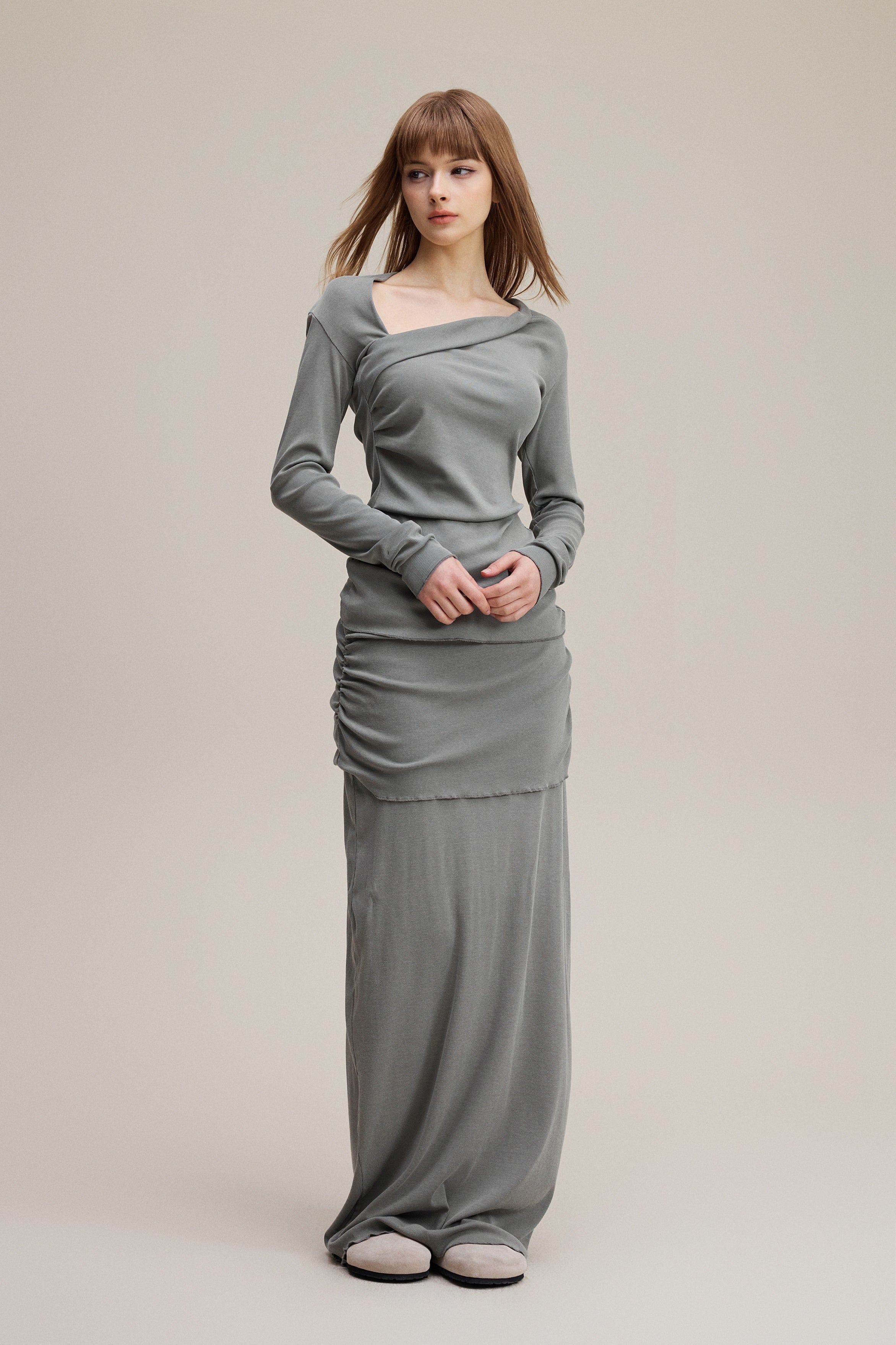 275GSM Women's Slim-Fit Asymmetrical Shoulder Pigment-Wash Long-Sleeve T-shirt
