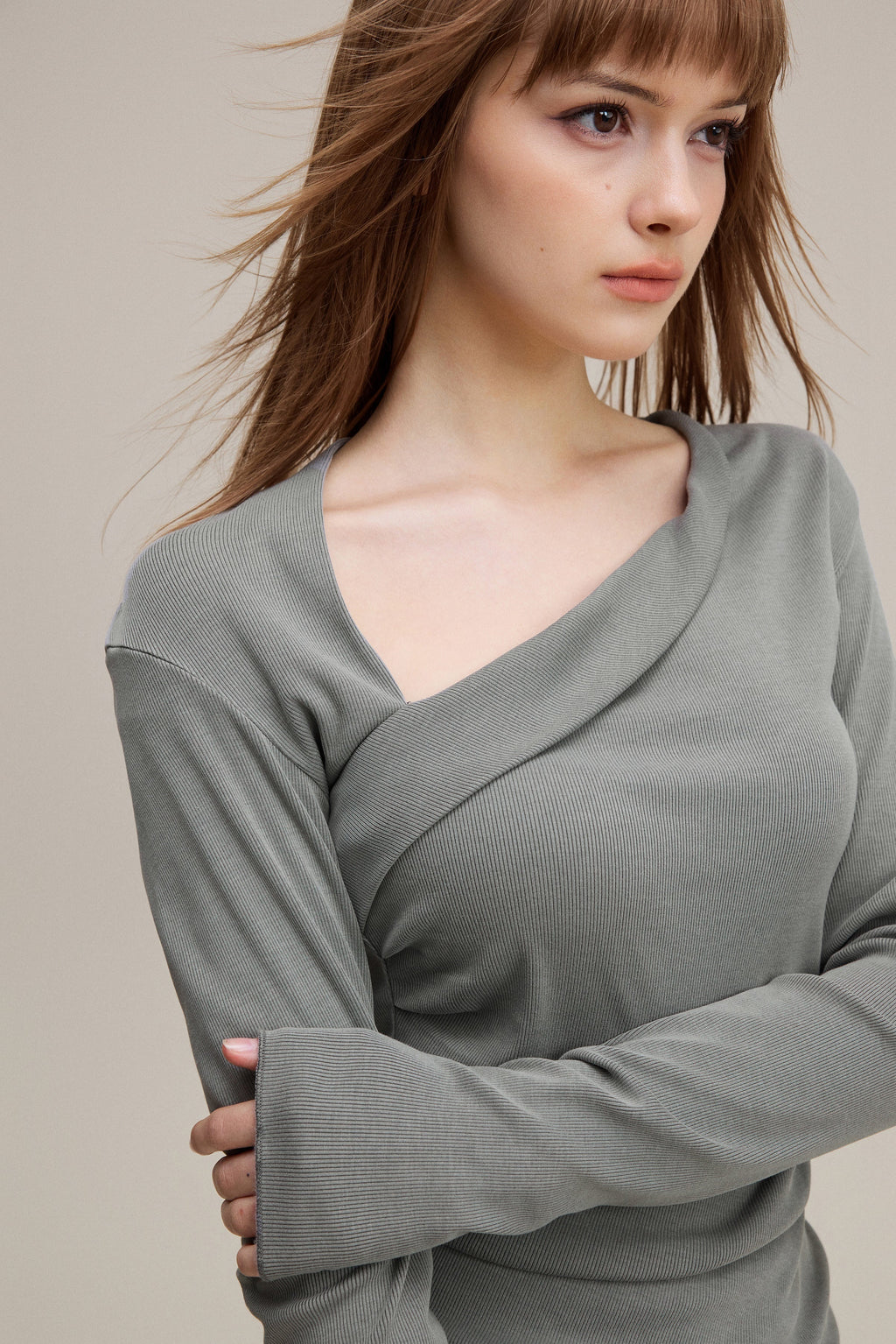 275GSM Women's Slim-Fit Asymmetrical Shoulder Pigment-Wash Long-Sleeve T-shirt