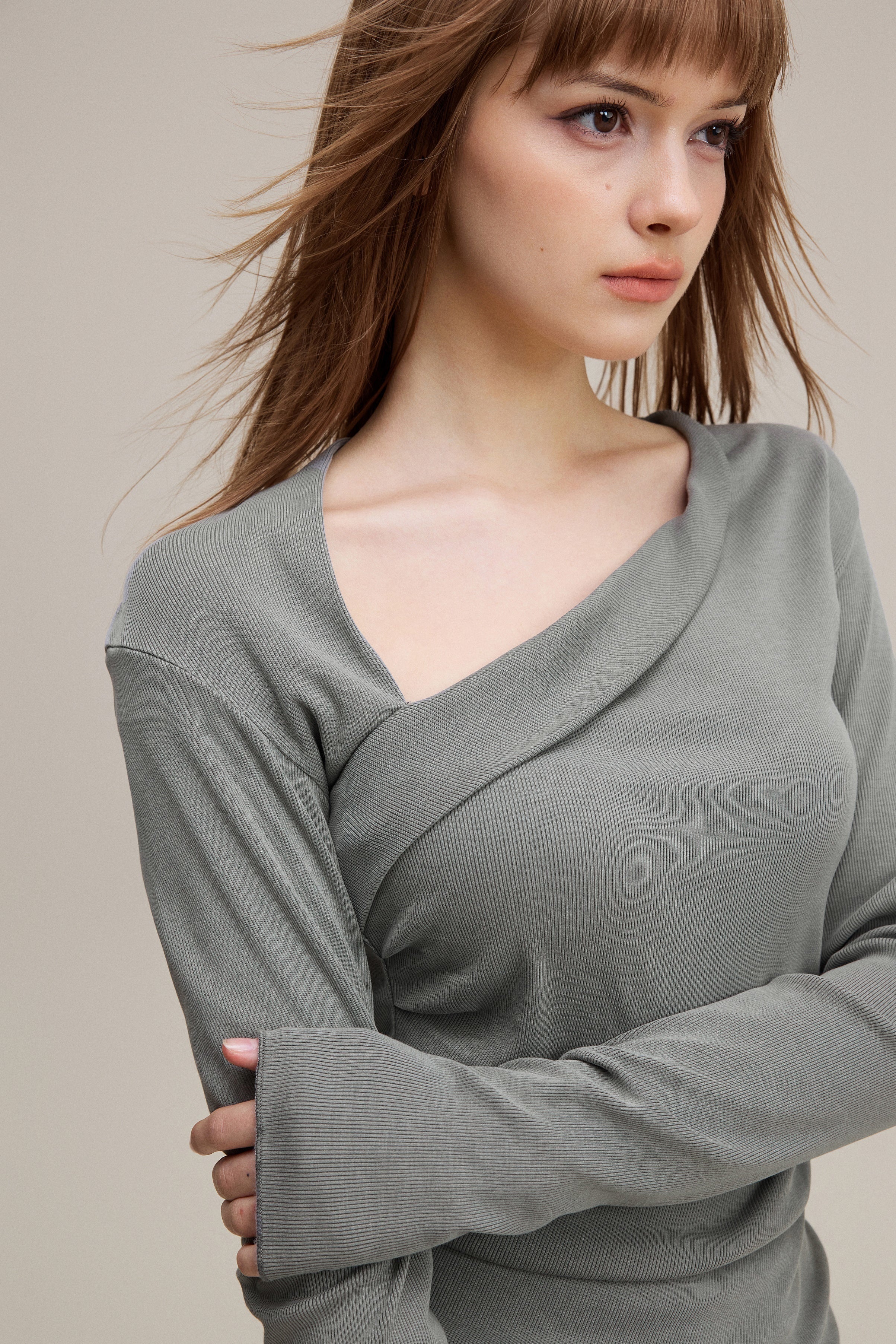 275GSM Women's Slim-Fit Asymmetrical Shoulder Pigment-Wash Long-Sleeve T-shirt