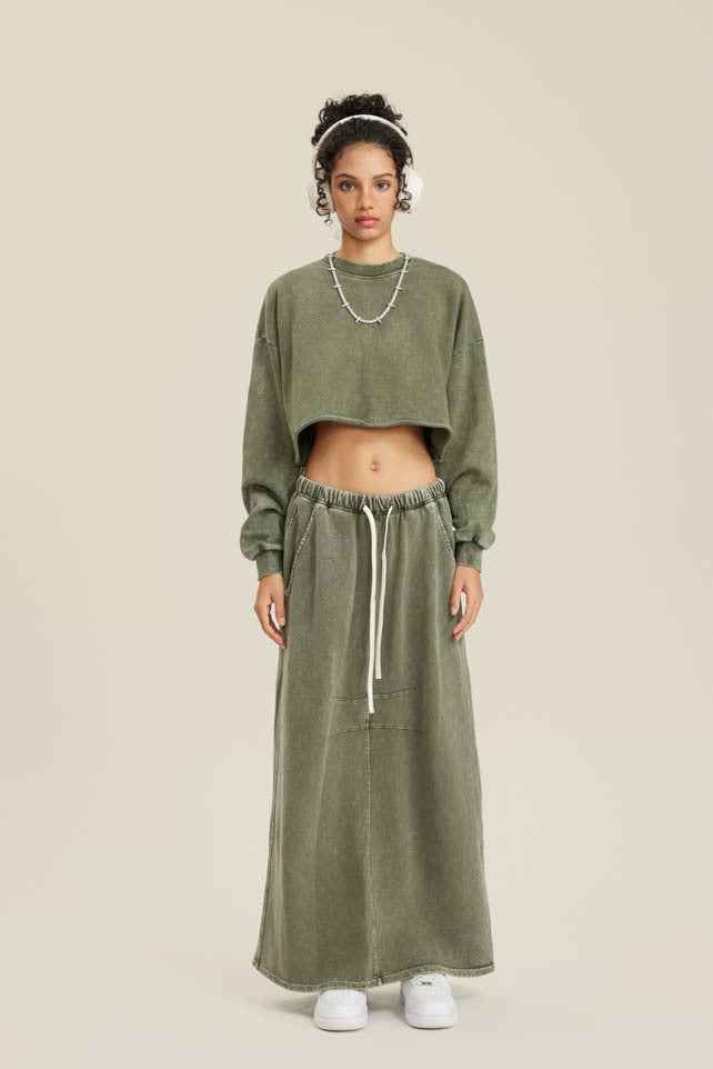 380GSM Women's Heavyweight Distressed Snow-Wash Raw-Hem Cropped Long sleeve Sweatshirt