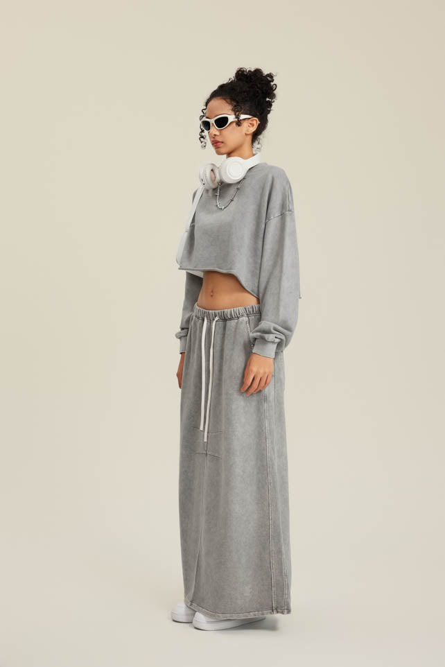 380GSM Women's Heavyweight Distressed Snow-Wash Raw-Hem Cropped Long sleeve Sweatshirt
