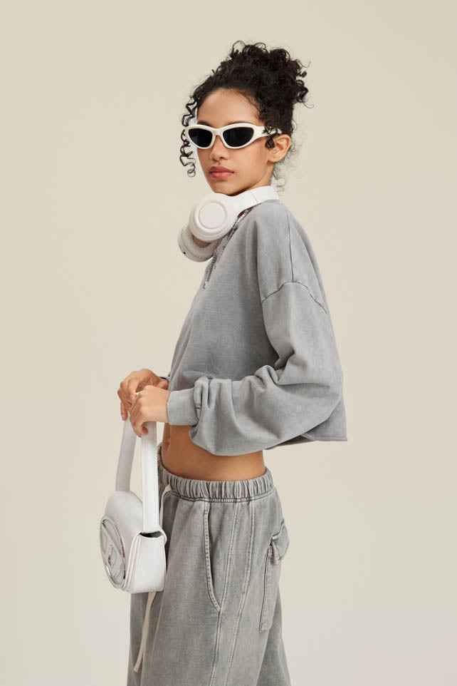380GSM Women's Heavyweight Distressed Snow-Wash Raw-Hem Cropped Long sleeve Sweatshirt