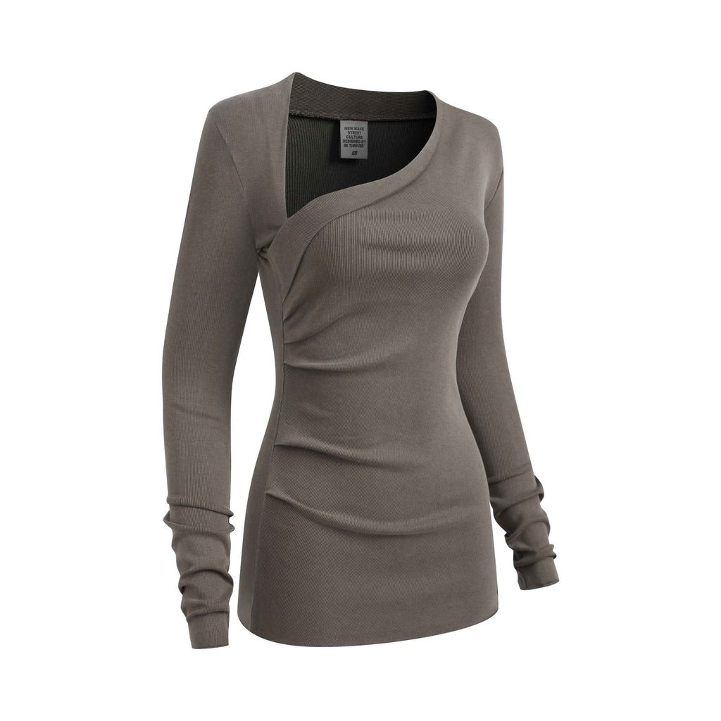 275GSM Women's Slim-Fit Asymmetrical Shoulder Pigment-Wash Long-Sleeve T-shirt