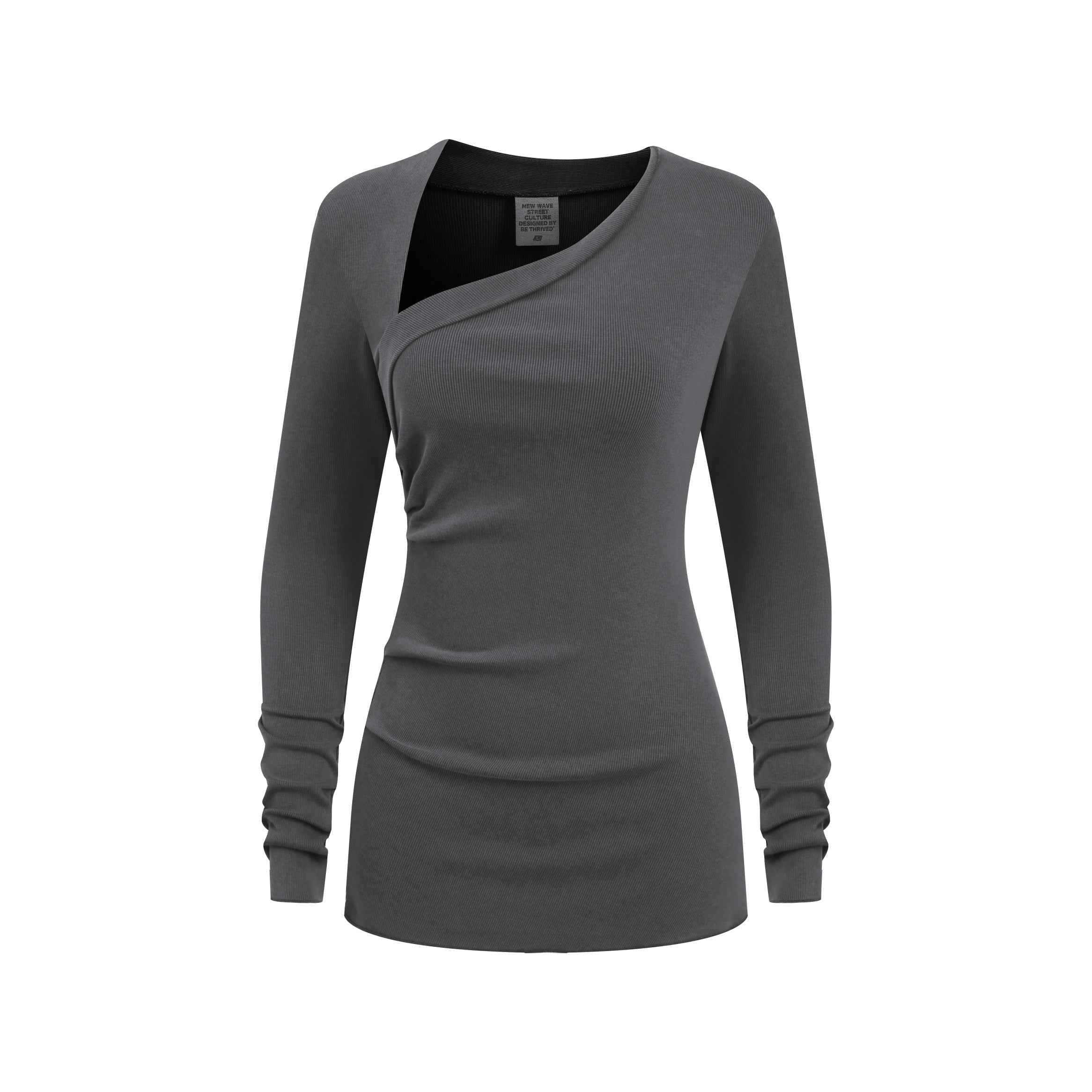 275GSM Women's Slim-Fit Asymmetrical Shoulder Pigment-Wash Long-Sleeve T-shirt