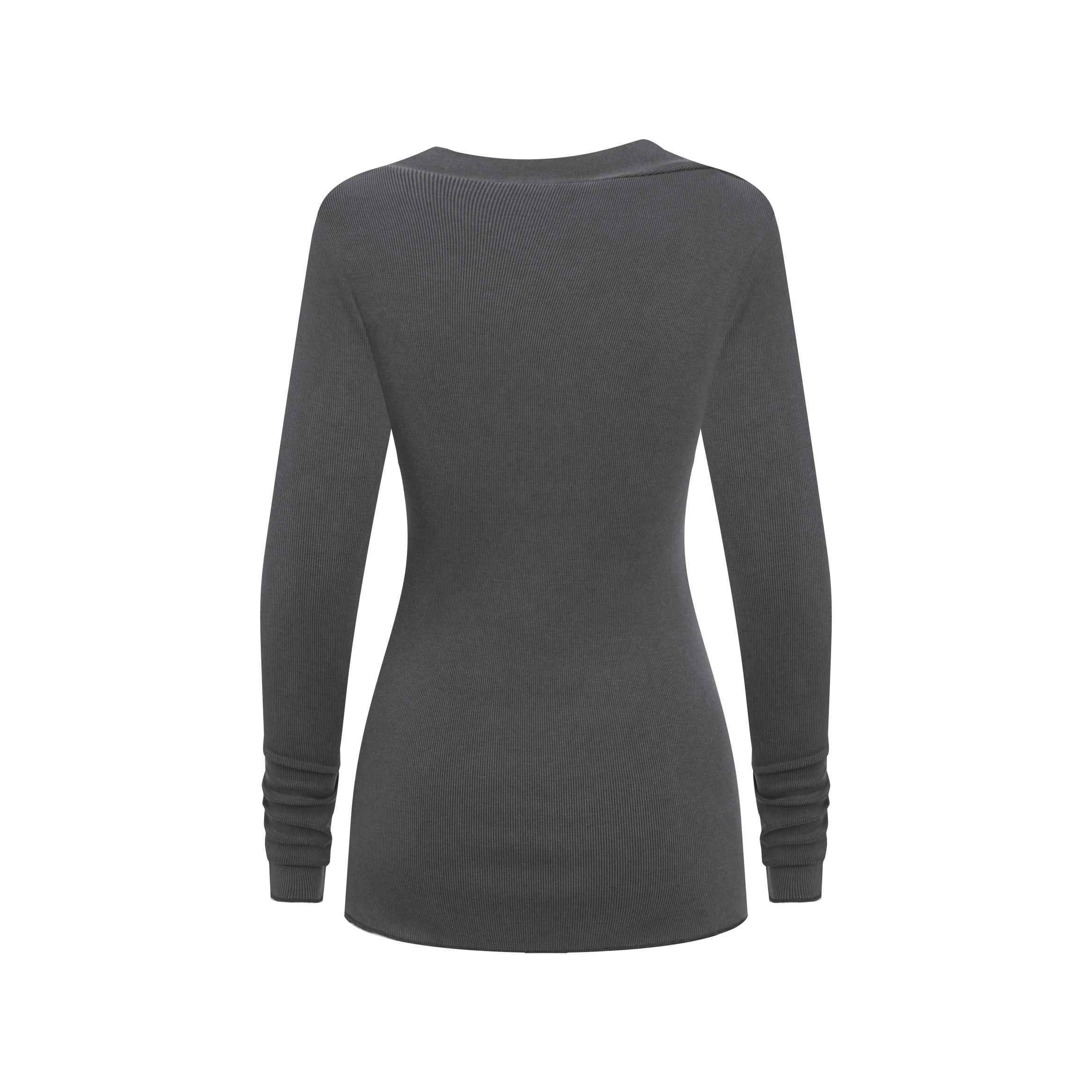 275GSM Women's Slim-Fit Asymmetrical Shoulder Pigment-Wash Long-Sleeve T-shirt