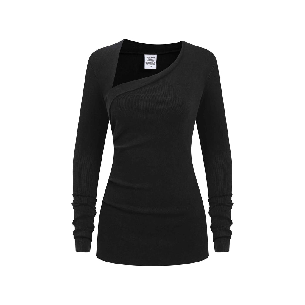 275GSM Women's Slim-Fit Asymmetrical Shoulder Pigment-Wash Long-Sleeve T-shirt