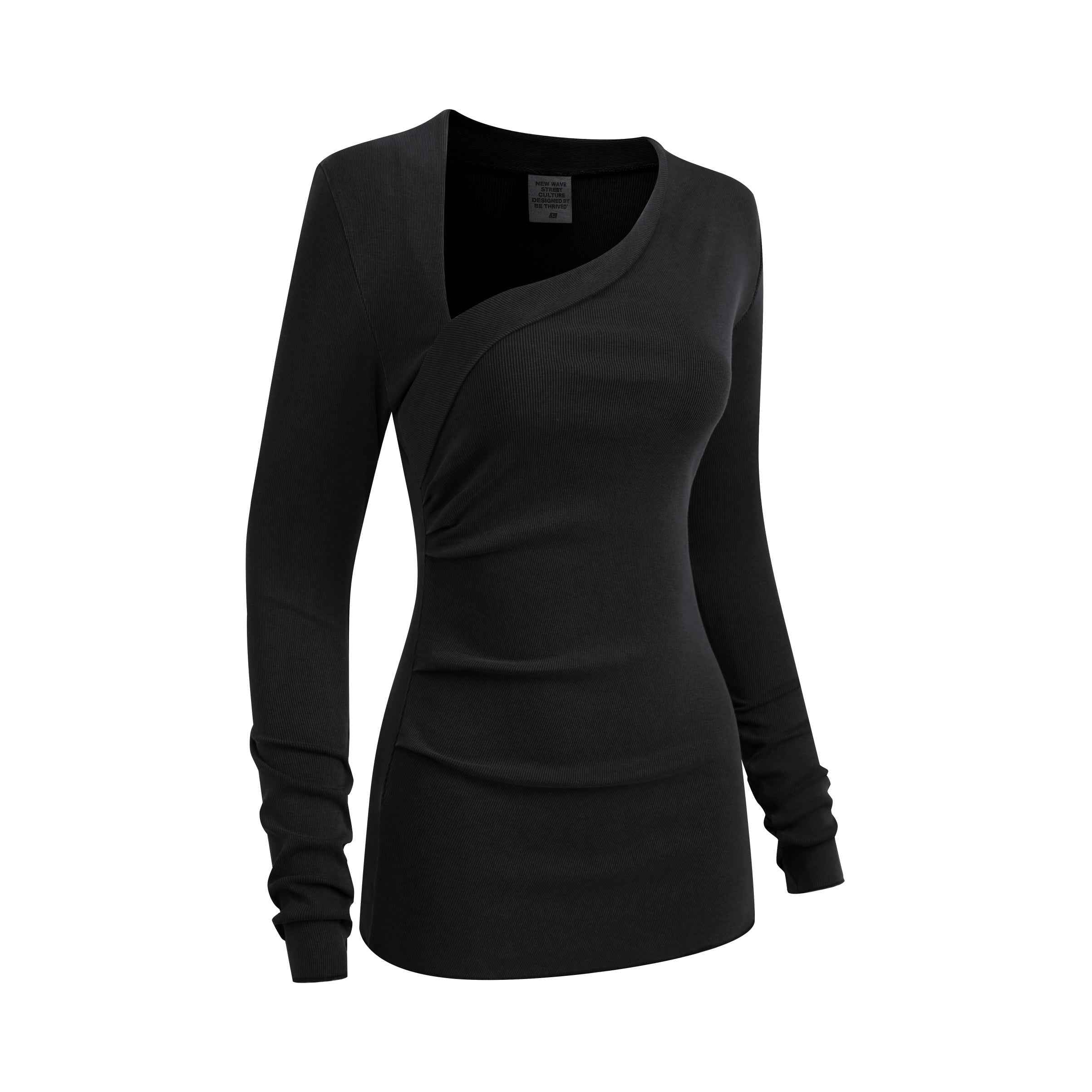 275GSM Women's Slim-Fit Asymmetrical Shoulder Pigment-Wash Long-Sleeve T-shirt
