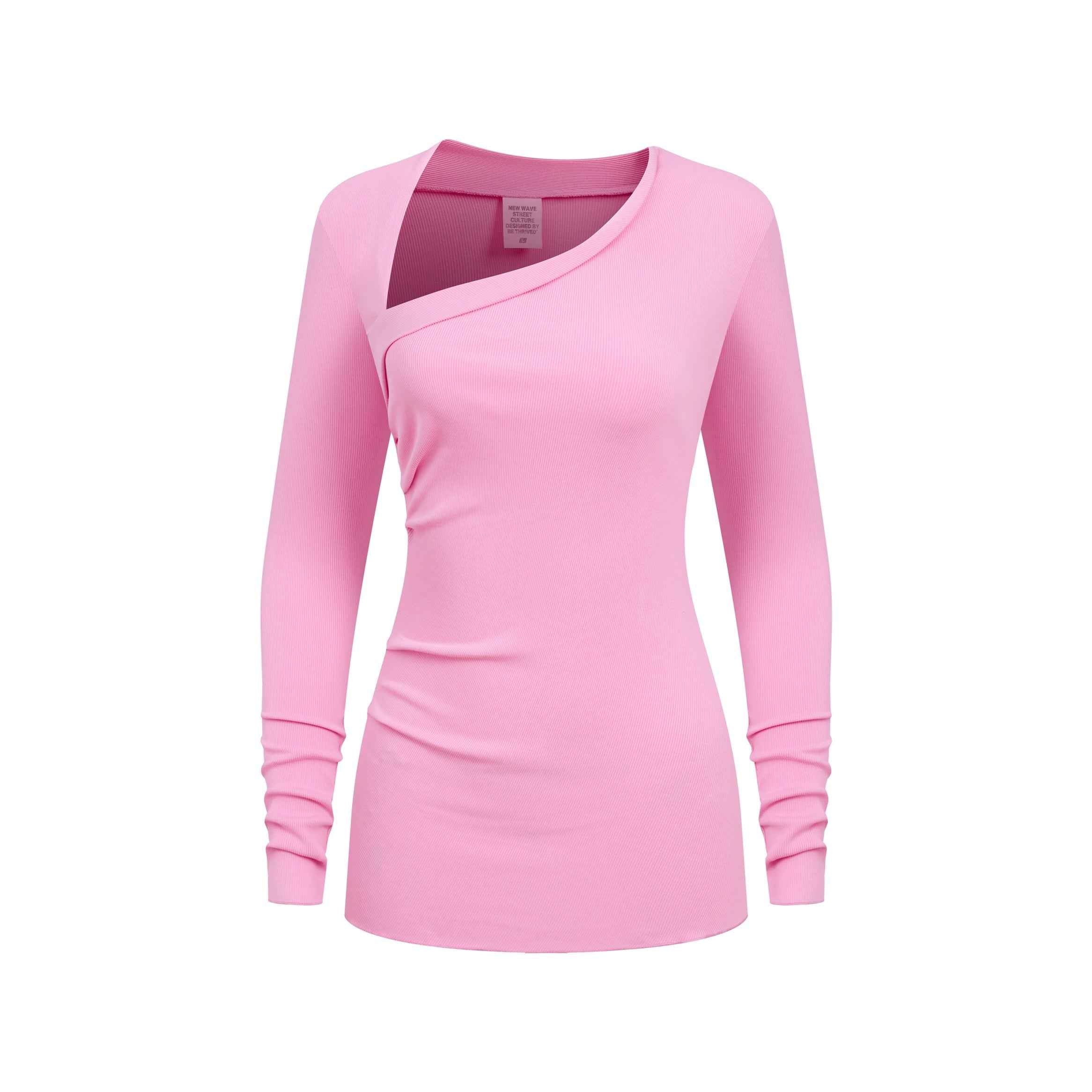 275GSM Women's Slim-Fit Asymmetrical Shoulder Pigment-Wash Long-Sleeve T-shirt