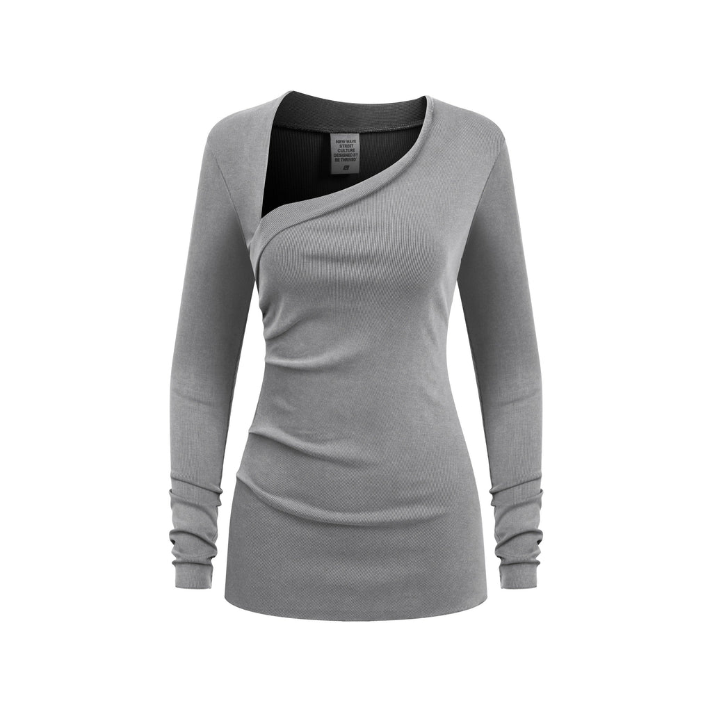 275GSM Women's Slim-Fit Asymmetrical Shoulder Pigment-Wash Long-Sleeve T-shirt