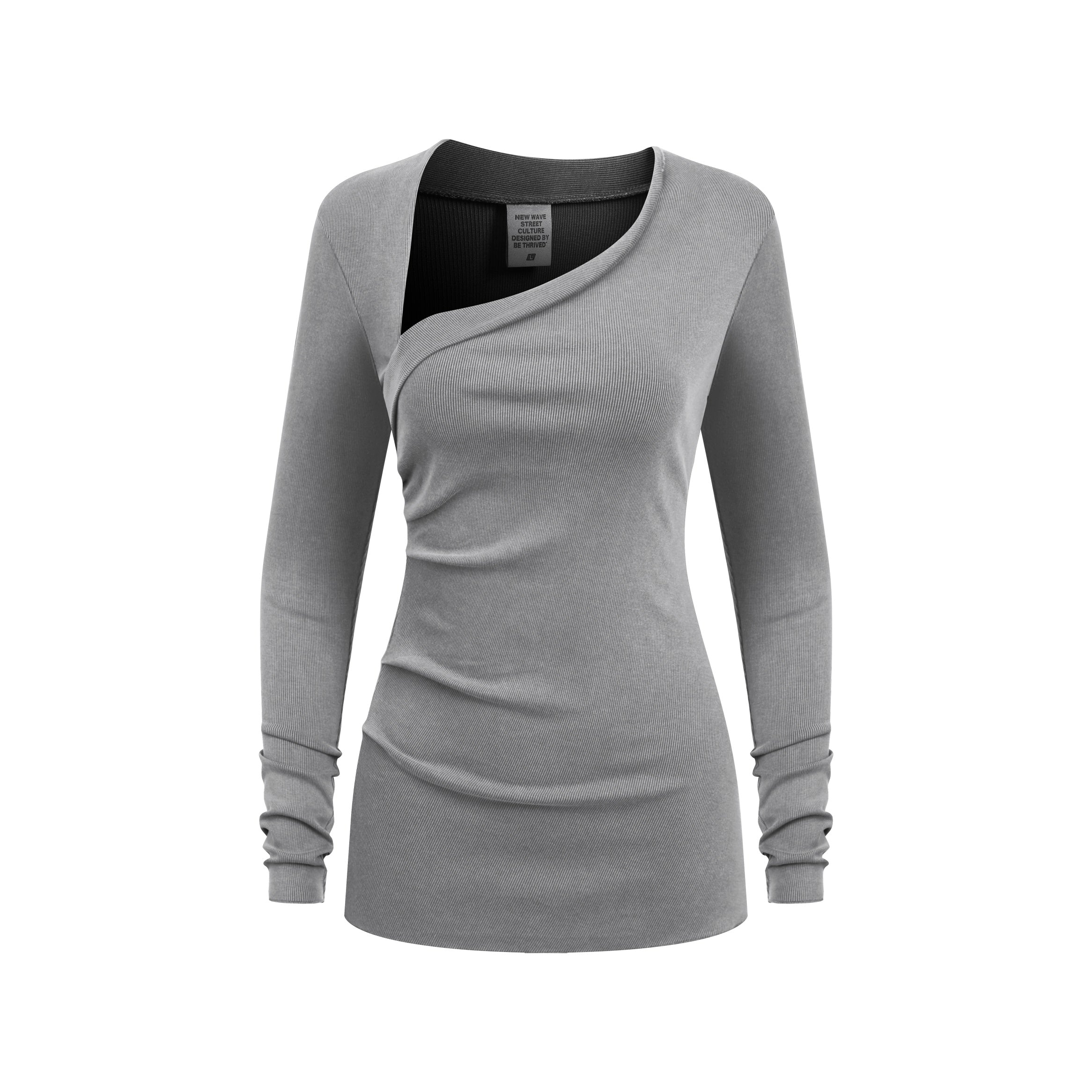 275GSM Women's Slim-Fit Asymmetrical Shoulder Pigment-Wash Long-Sleeve T-shirt