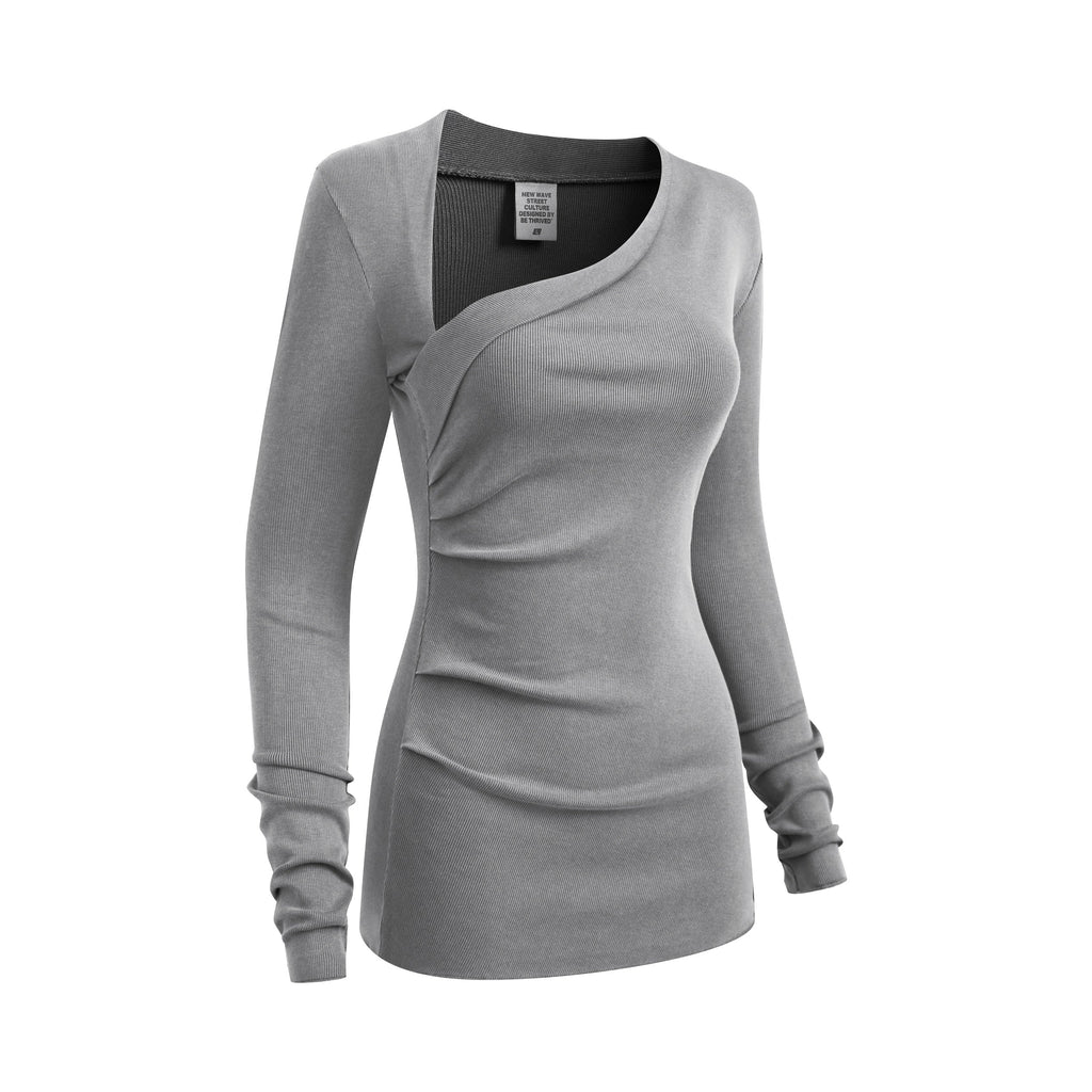 275GSM Women's Slim-Fit Asymmetrical Shoulder Pigment-Wash Long-Sleeve T-shirt