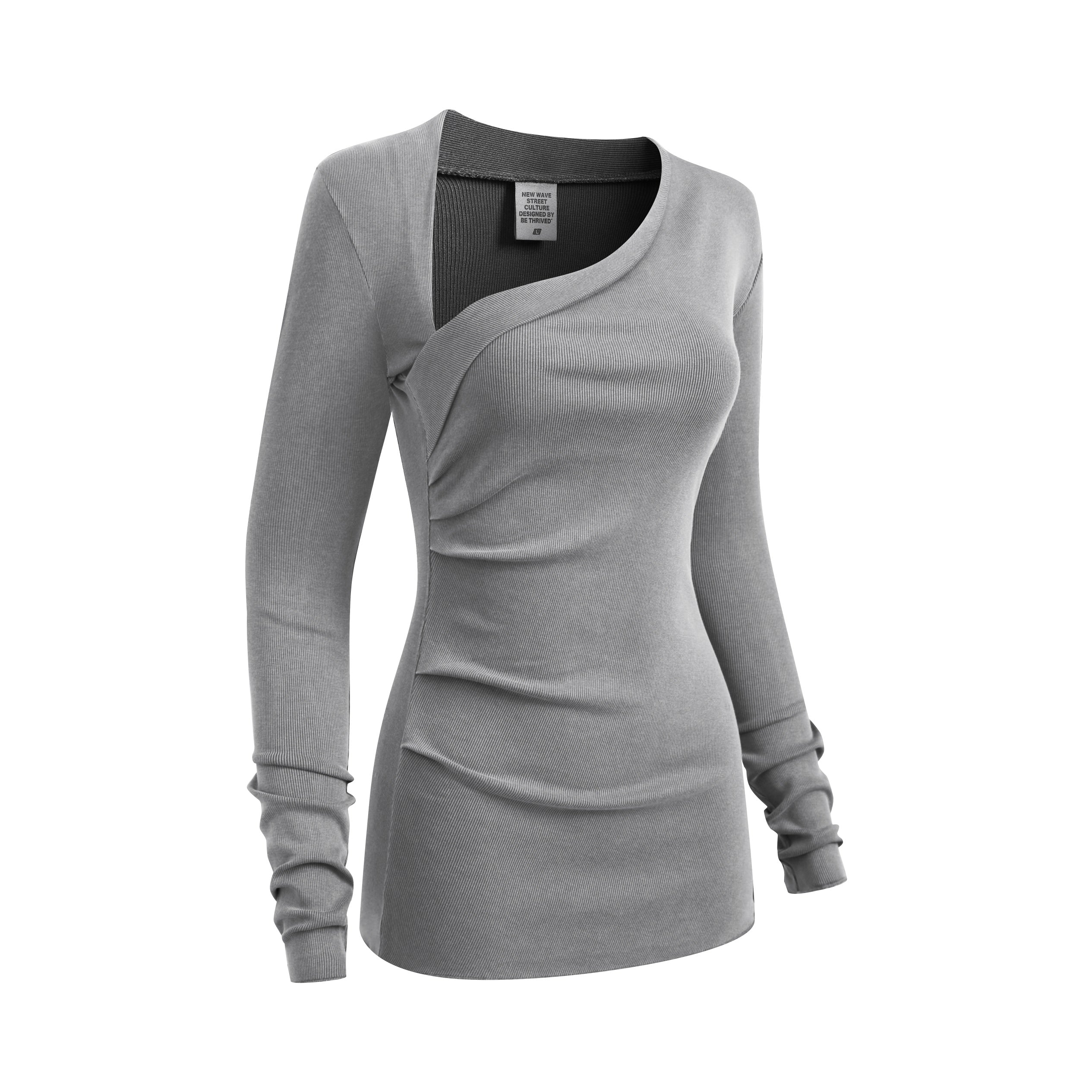 275GSM Women's Slim-Fit Asymmetrical Shoulder Pigment-Wash Long-Sleeve T-shirt