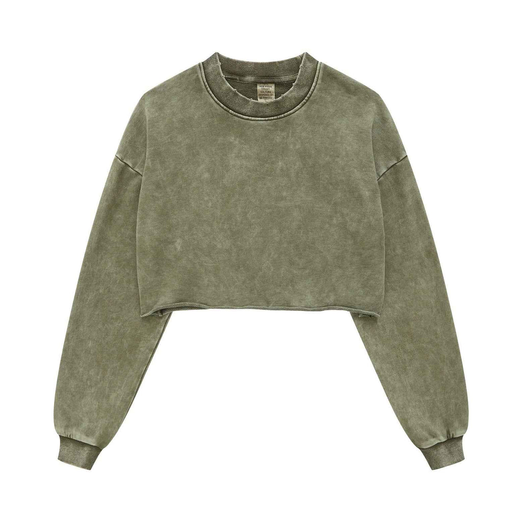 380GSM Women's Heavyweight Distressed Snow-Wash Raw-Hem Cropped Long sleeve Sweatshirt