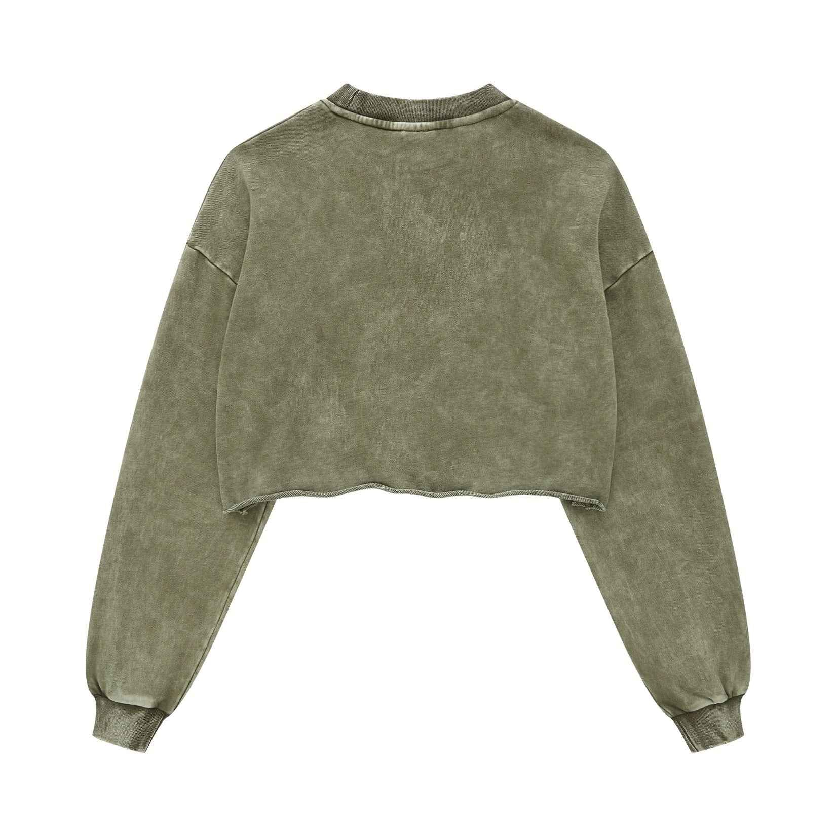 380GSM Women's Heavyweight Distressed Snow-Wash Raw-Hem Cropped Long sleeve Sweatshirt