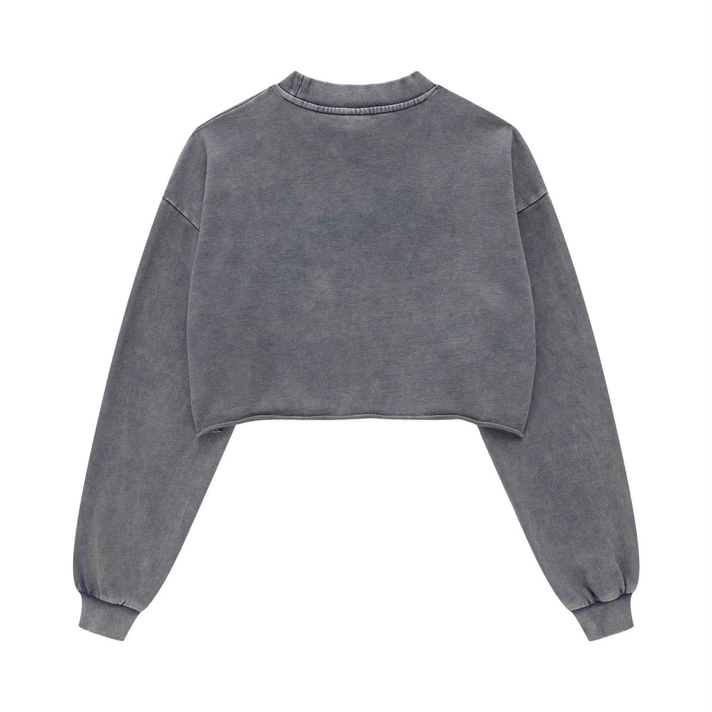 380GSM Women's Heavyweight Distressed Snow-Wash Raw-Hem Cropped Long sleeve Sweatshirt