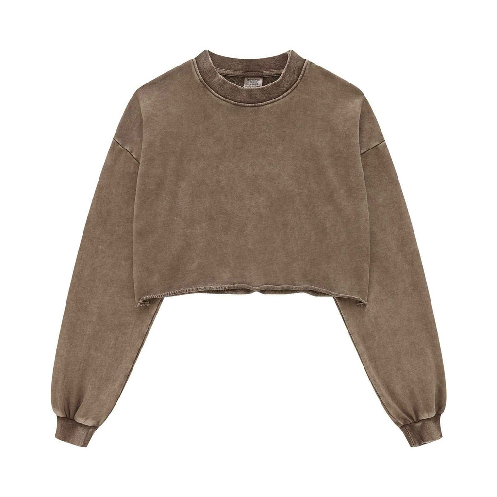 380GSM Women's Heavyweight Distressed Snow-Wash Raw-Hem Cropped Long sleeve Sweatshirt