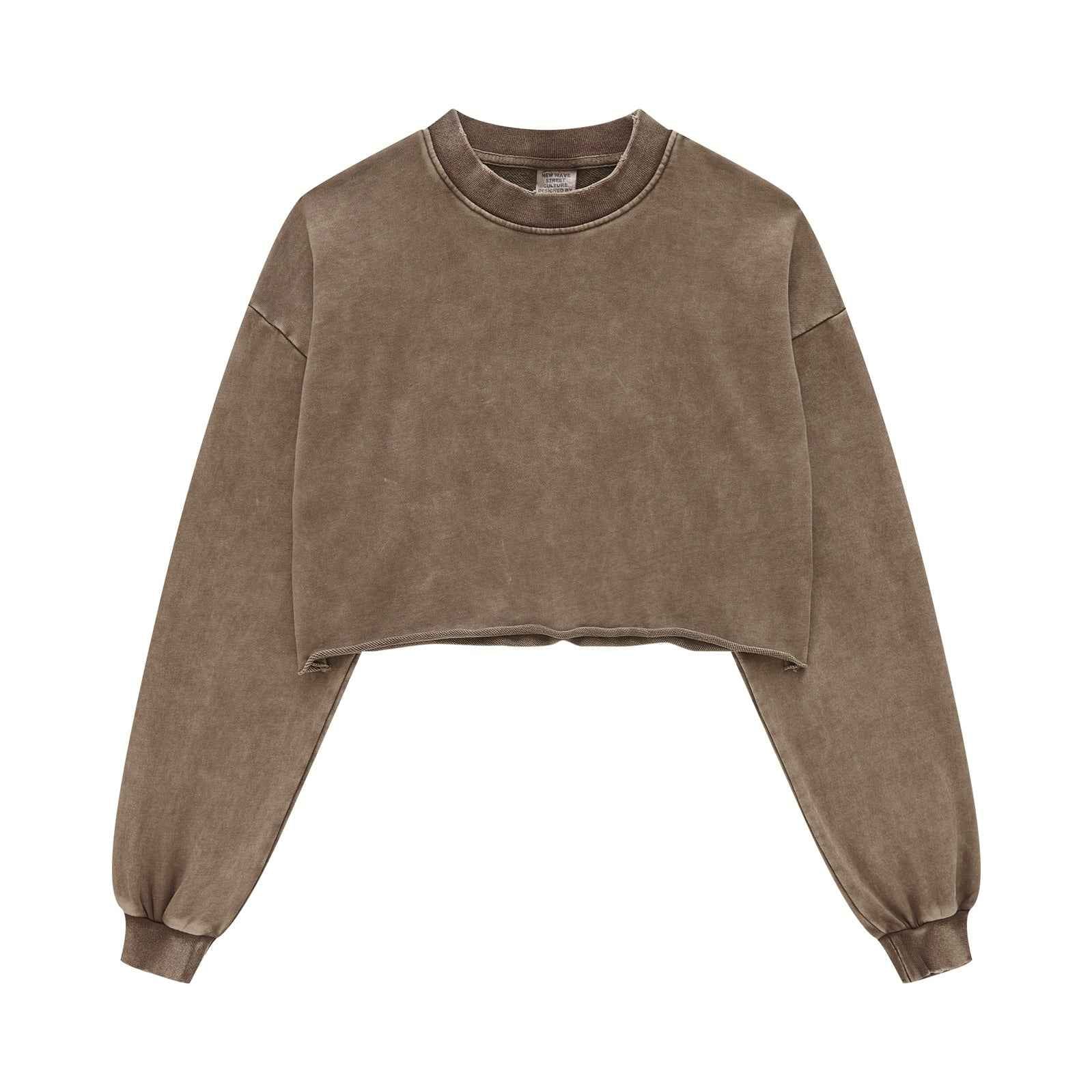 380GSM Women's Heavyweight Distressed Snow-Wash Raw-Hem Cropped Long sleeve Sweatshirt