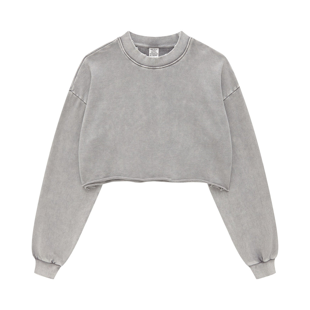 380GSM Women's Heavyweight Distressed Snow-Wash Raw-Hem Cropped Long sleeve Sweatshirt