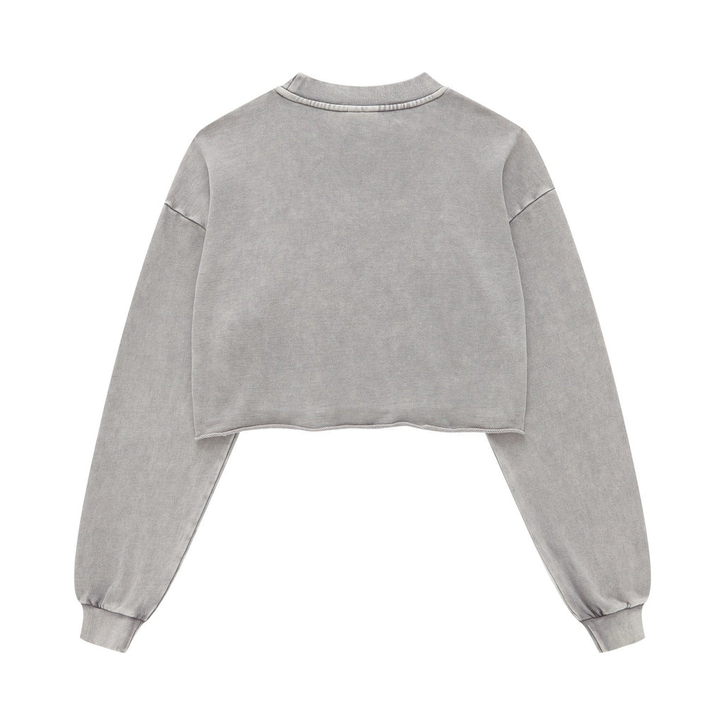 380GSM Women's Heavyweight Distressed Snow-Wash Raw-Hem Cropped Long sleeve Sweatshirt