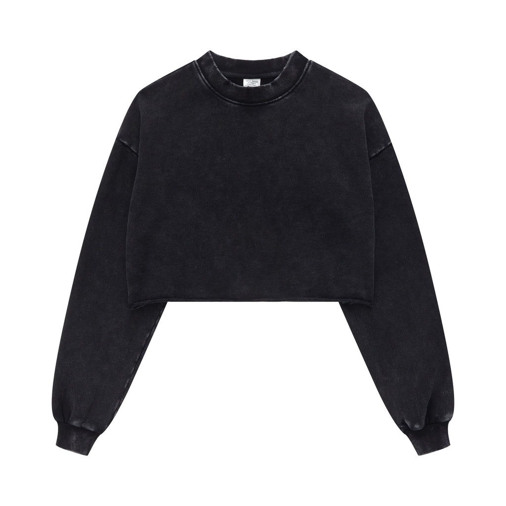 380GSM Women's Heavyweight Distressed Snow-Wash Raw-Hem Cropped Long sleeve Sweatshirt