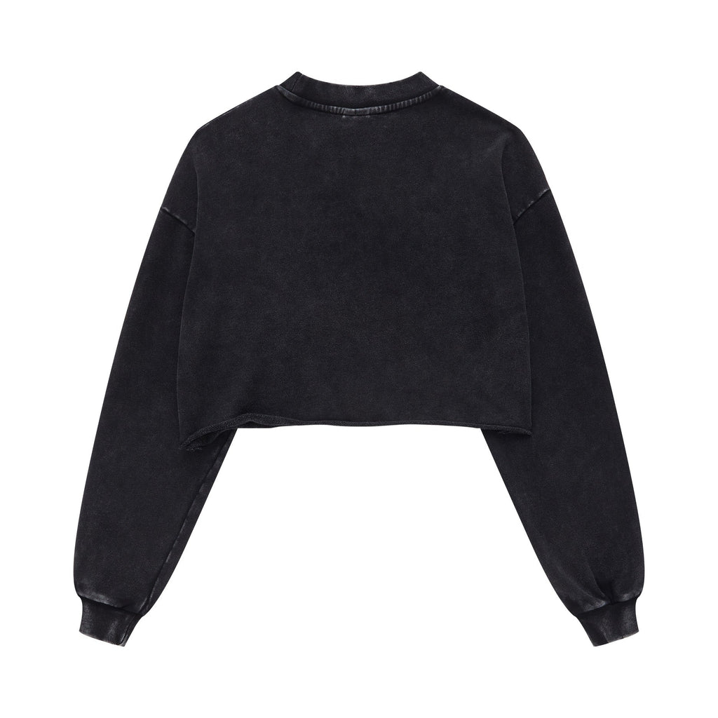 380GSM Women's Heavyweight Distressed Snow-Wash Raw-Hem Cropped Long sleeve Sweatshirt