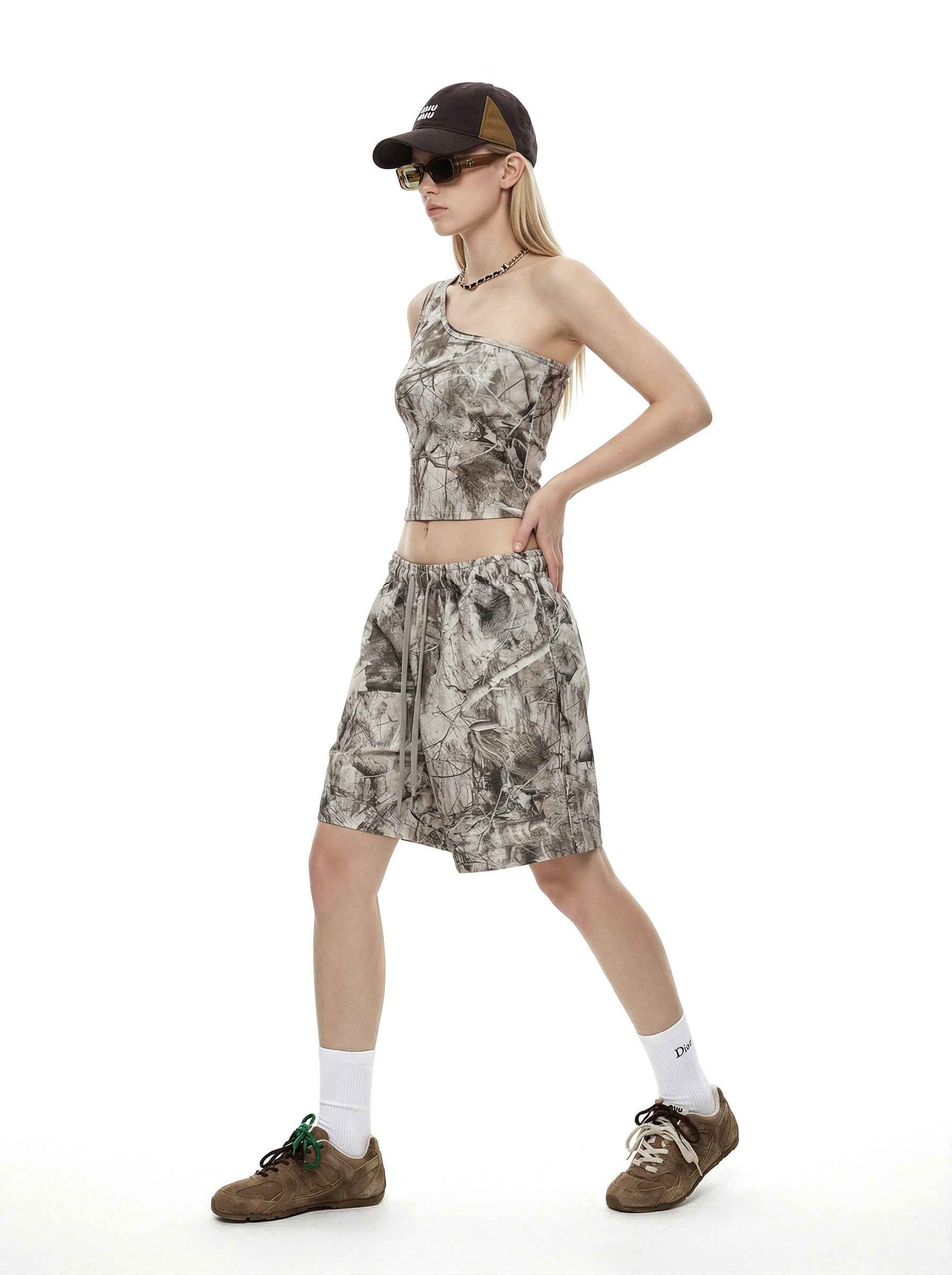 315GSM Women’s Asymmetrical Shoulder Camouflage Tank Top T-shirt