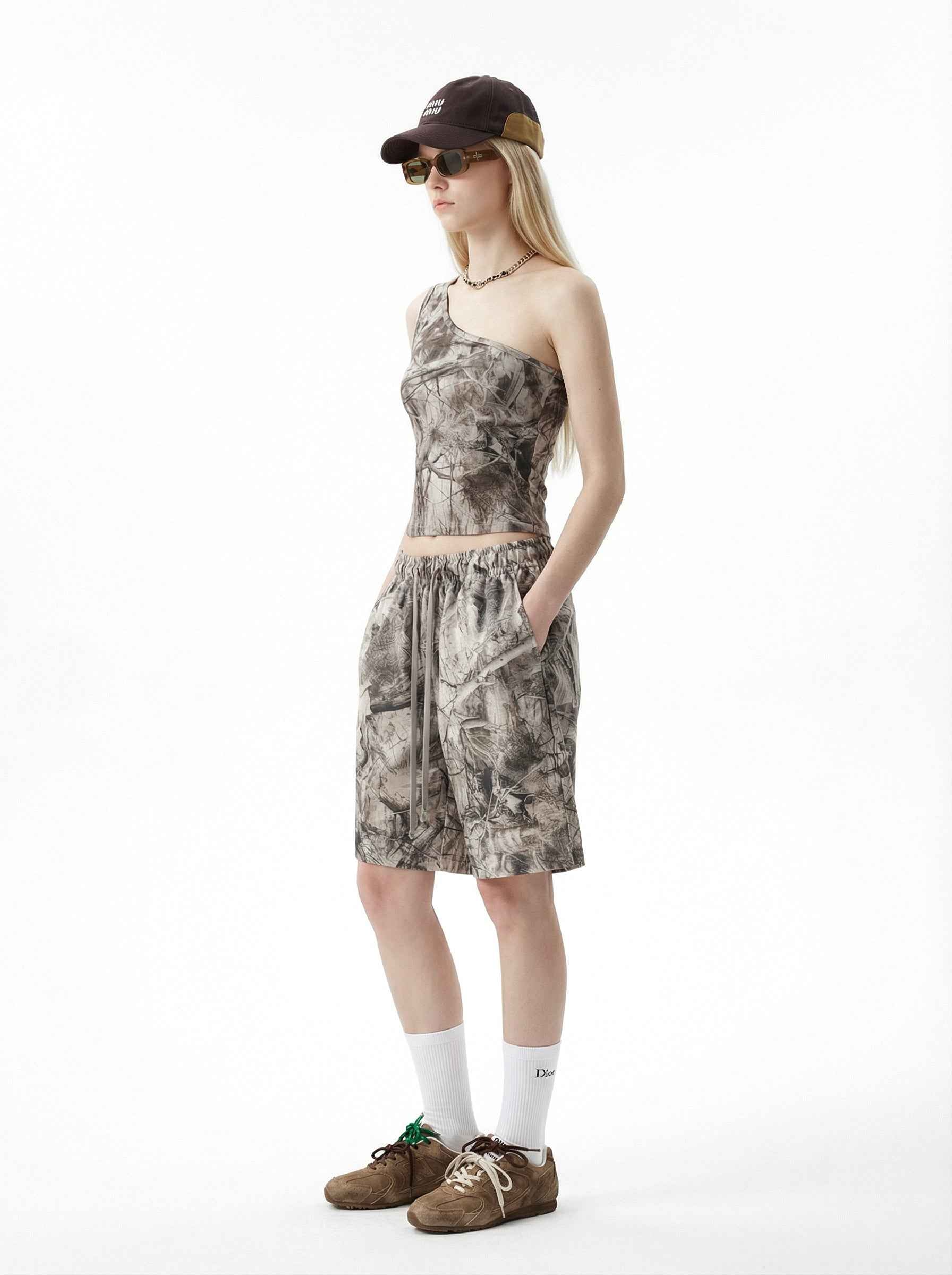 315GSM Women’s Asymmetrical Shoulder Camouflage Tank Top T-shirt